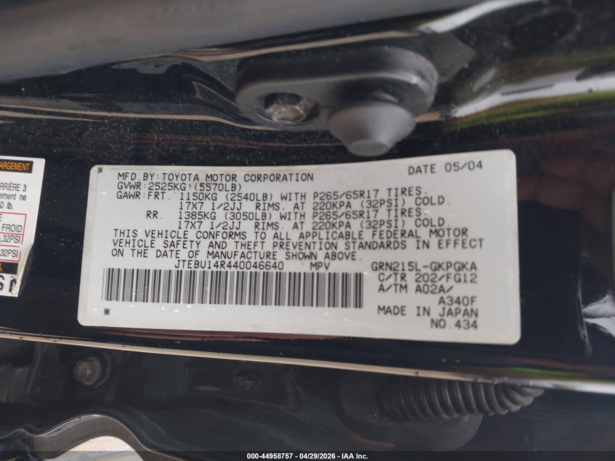 2004 Toyota 4runner Sr5 V6 Black vin: JTEBU14R440046640