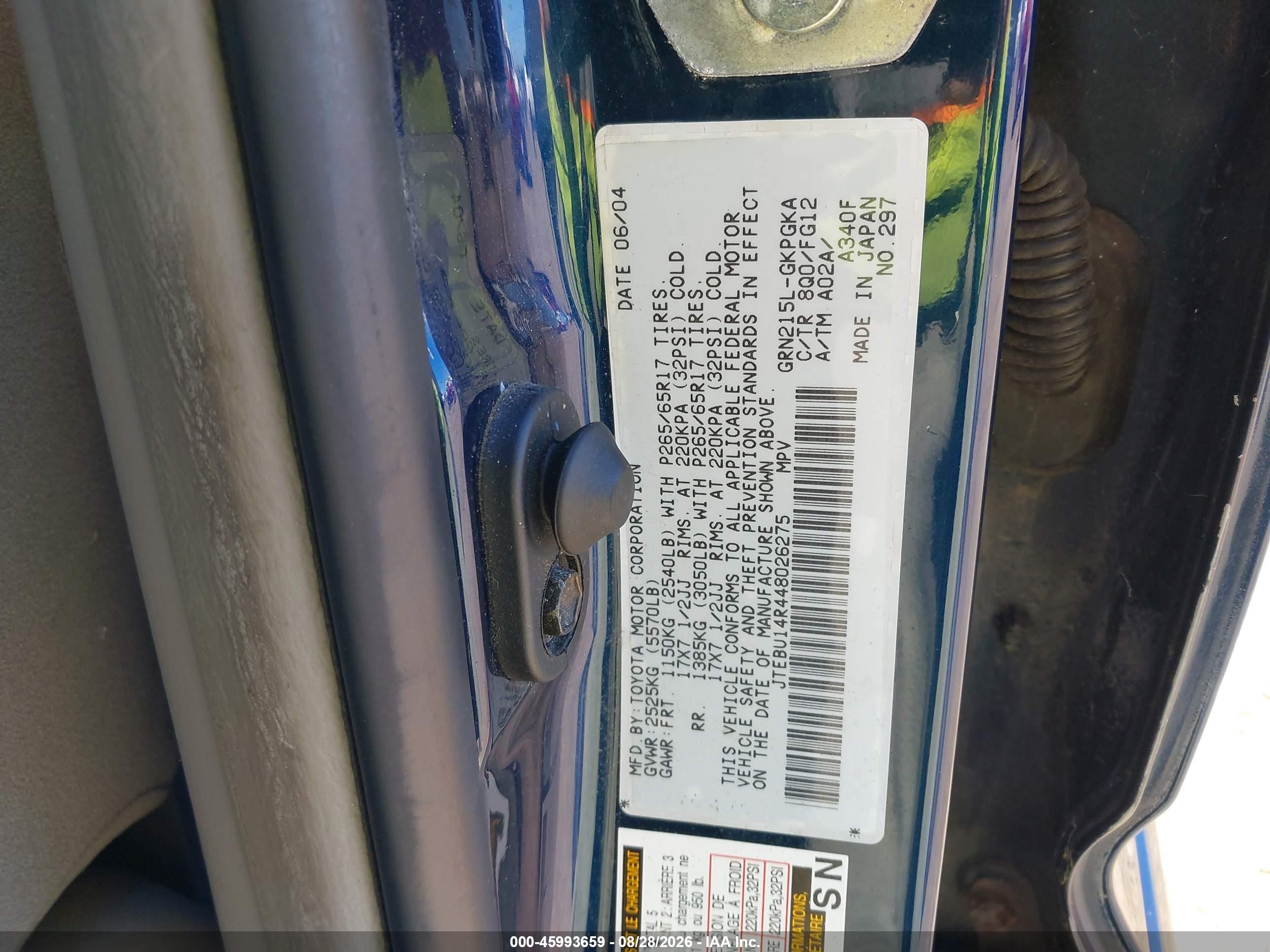 2004 Toyota 4runner Sr5 V6 Blue vin: JTEBU14R448026275