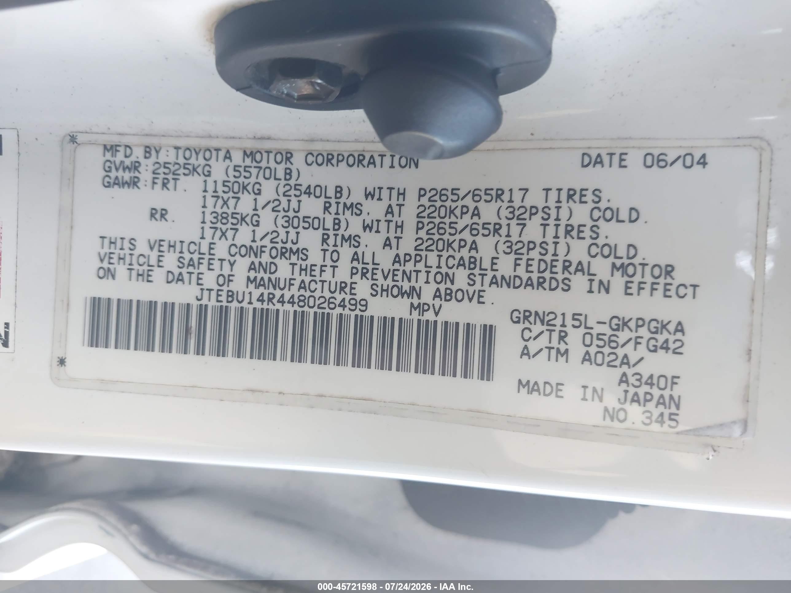 2004 Toyota 4runner Sr5 V6 Белый vin: JTEBU14R448026499
