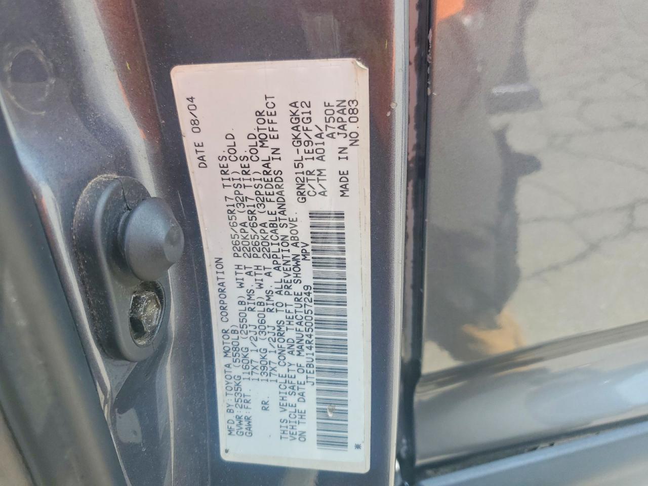 2005 Toyota 4runner Sr5 Gray vin: JTEBU14R450057249