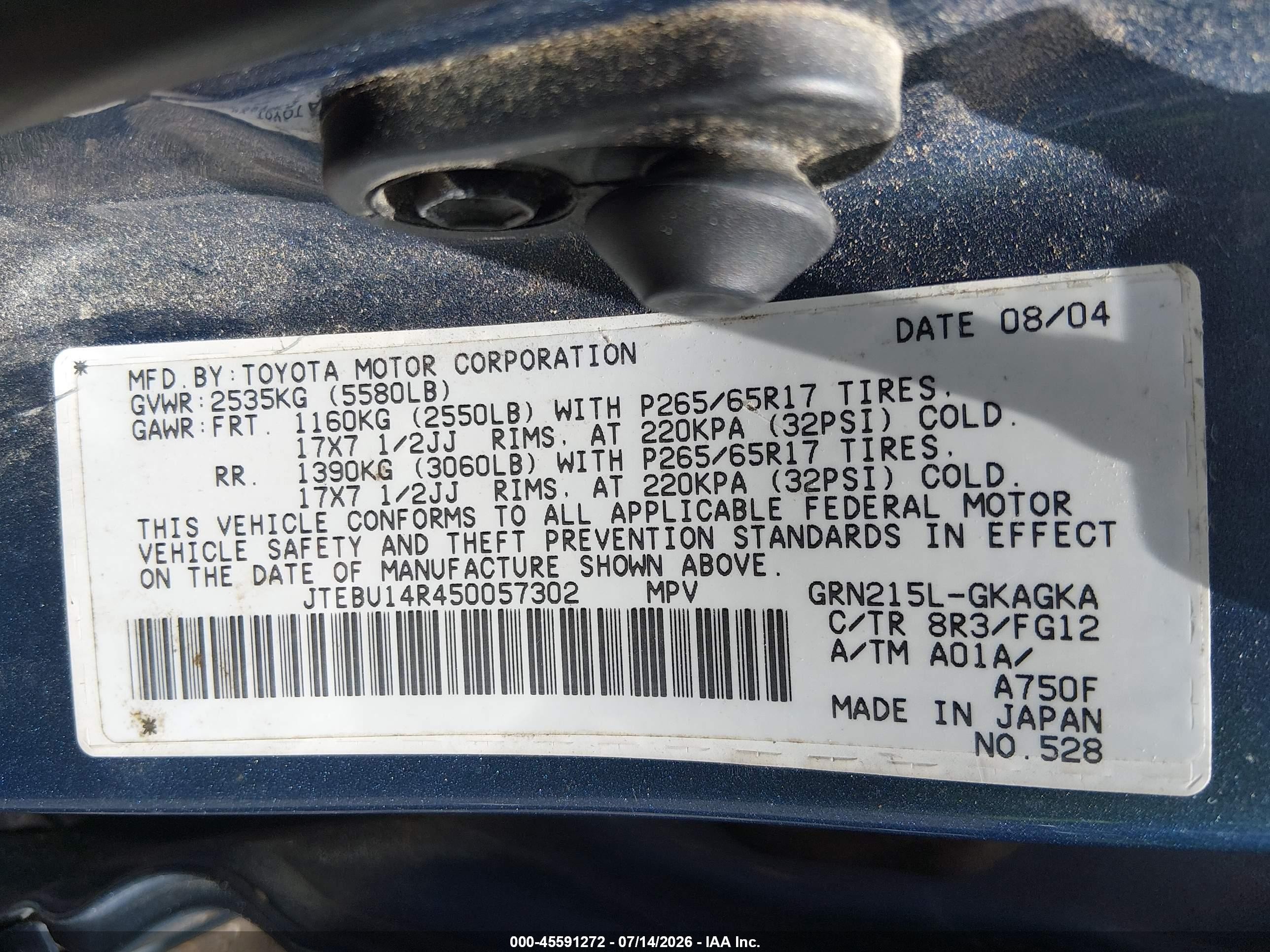 2005 Toyota 4runner Sr5 V6 Light Blue vin: JTEBU14R450057302