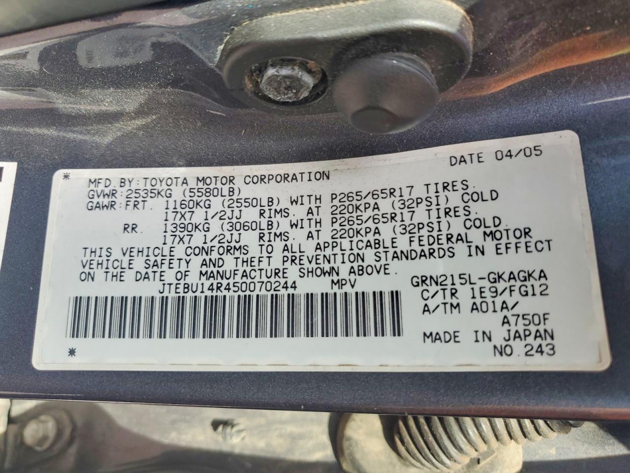 2005 Toyota 4runner Sr5 Gray vin: JTEBU14R450070244