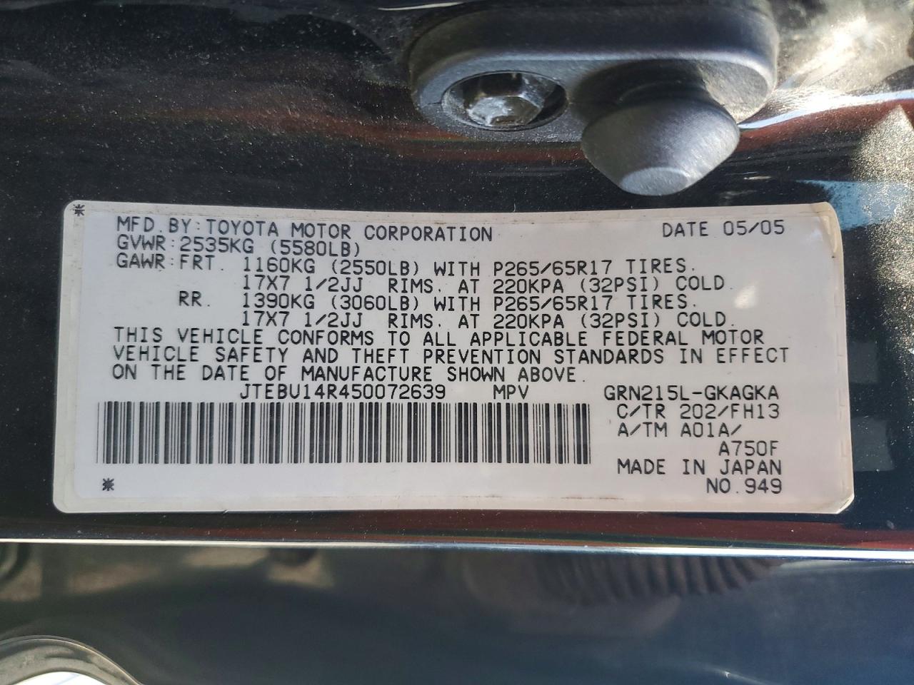 2005 Toyota 4runner Sport Edition Black vin: JTEBU14R450072639