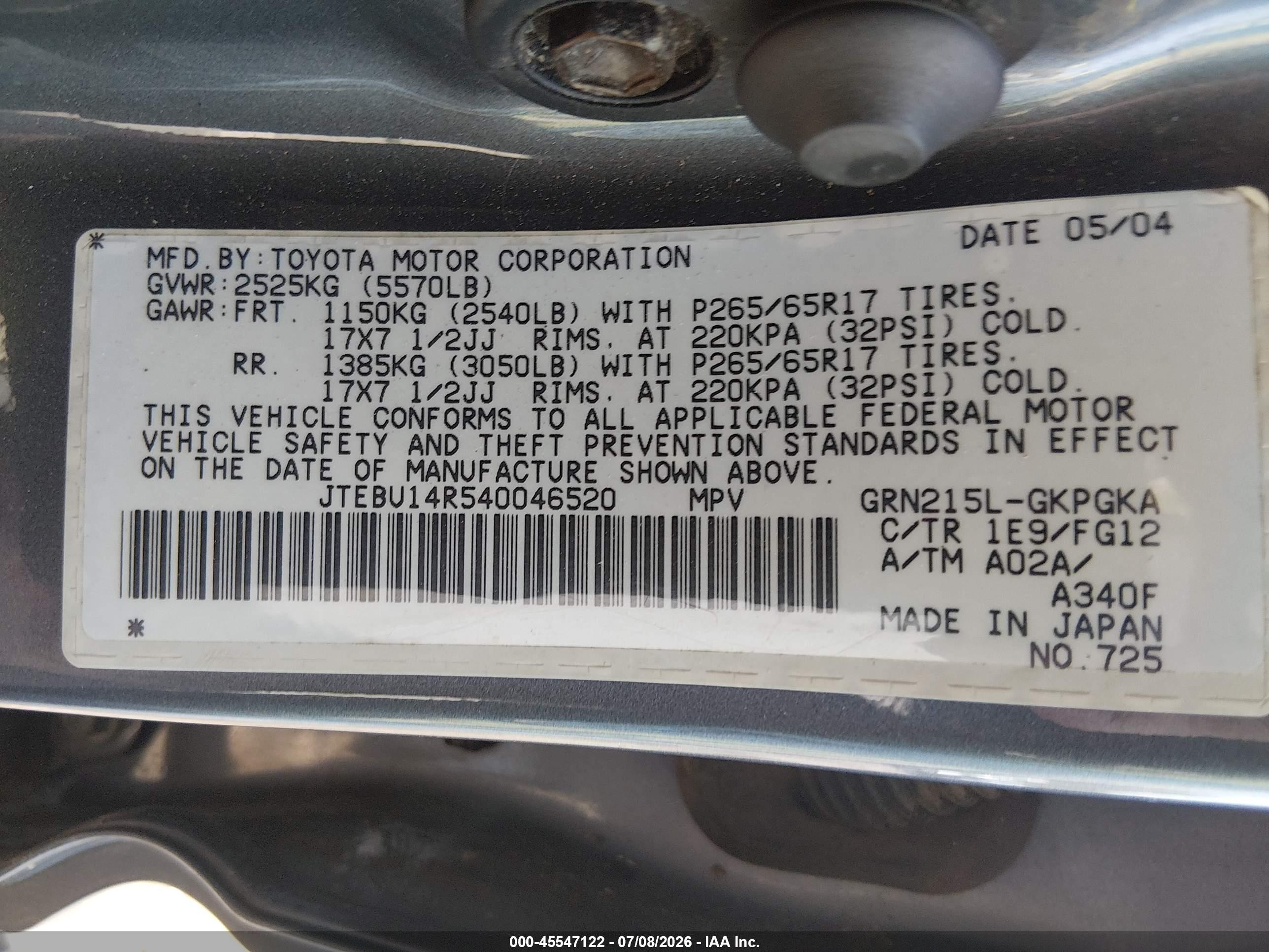 2004 Toyota 4runner Sr5 V6 Gray vin: JTEBU14R540046520