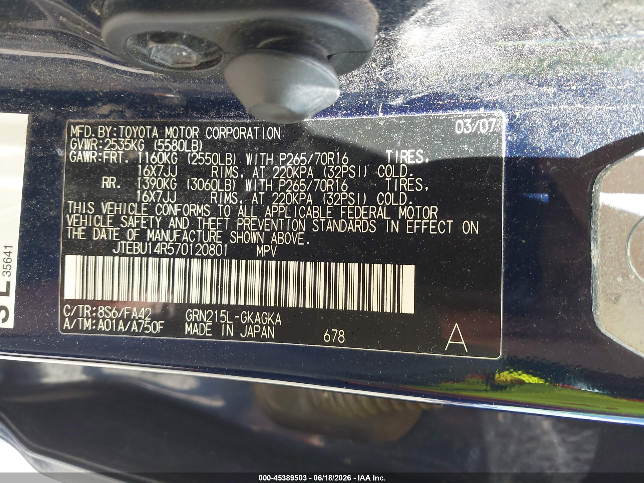 2007 Toyota 4runner Sr5 Dark Blue vin: JTEBU14R570120801