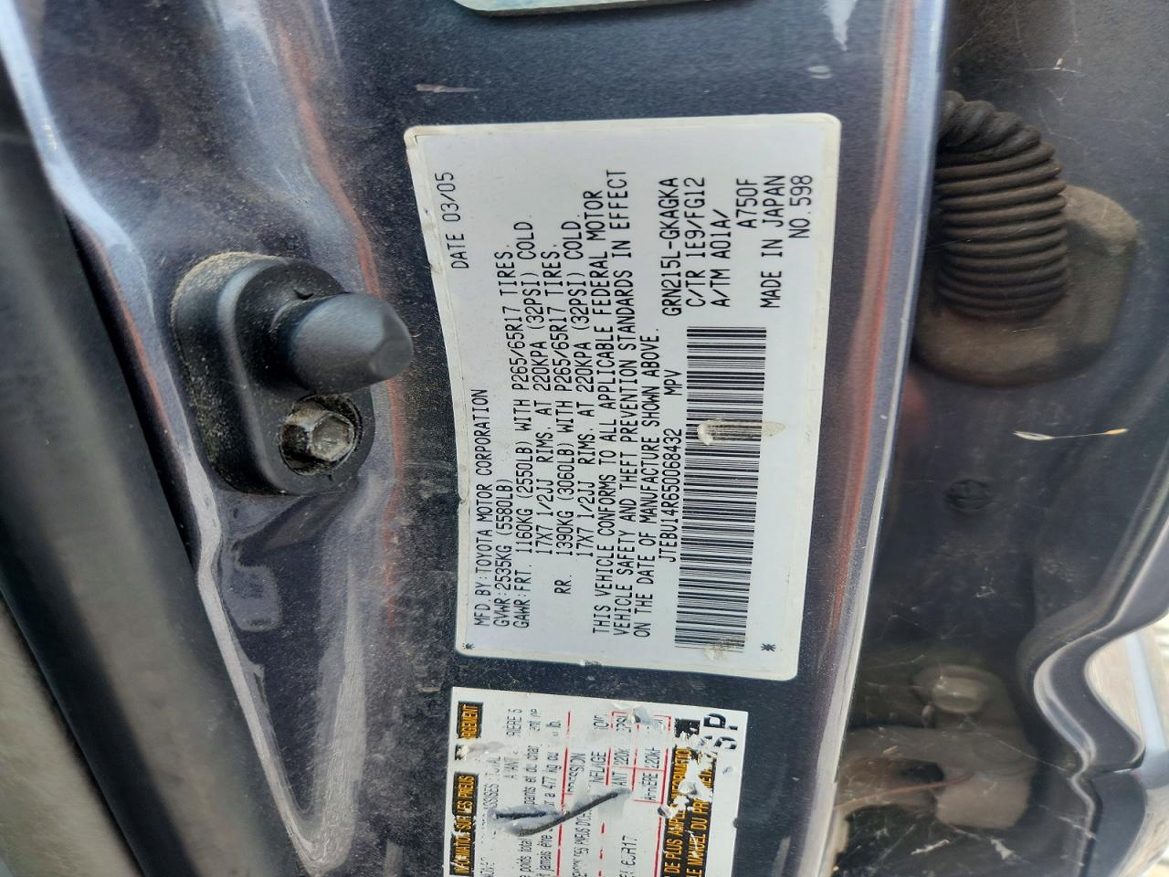 2005 Toyota 4runner Sr5 Gray vin: JTEBU14R650068432