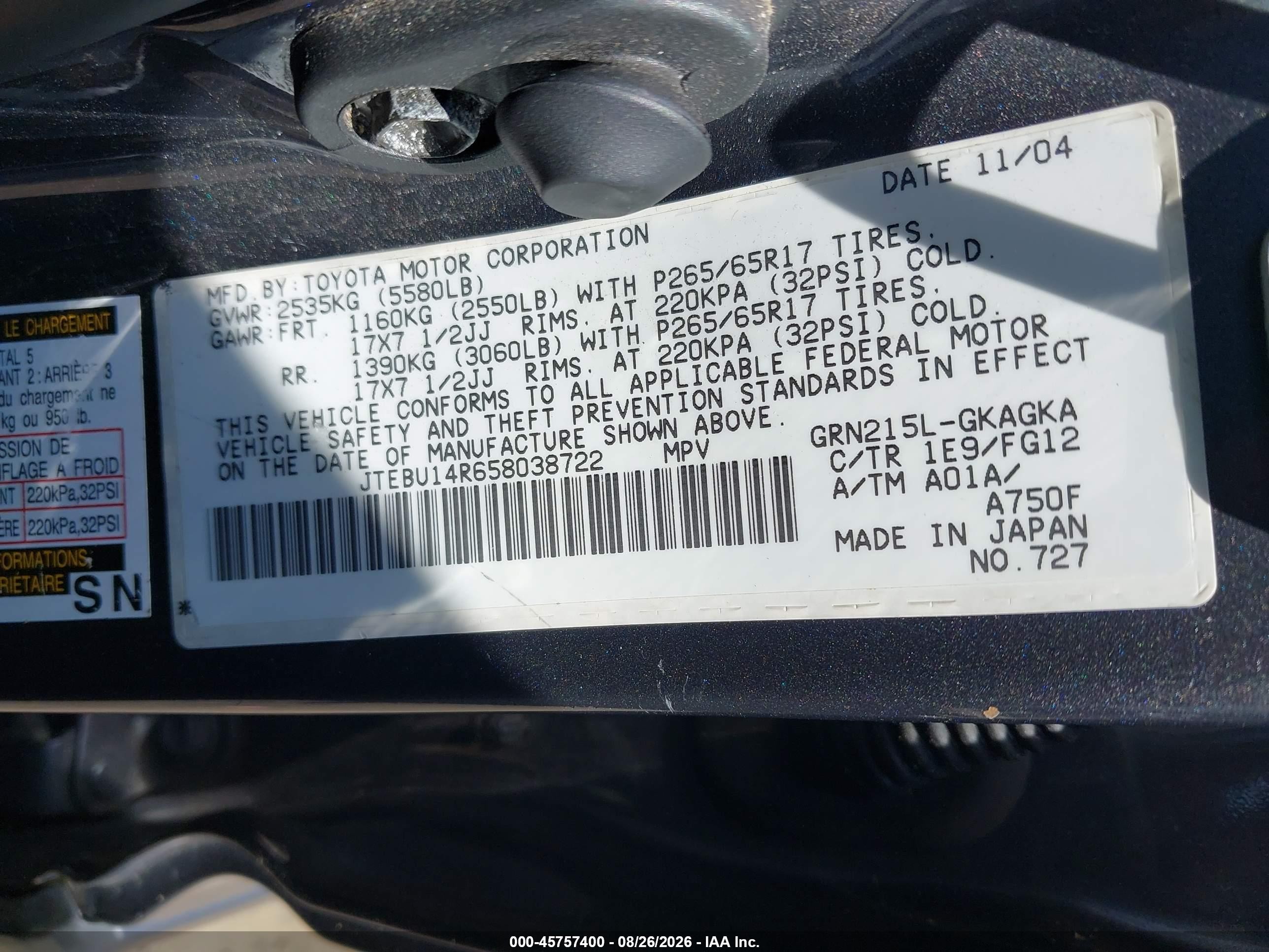 2005 Toyota 4runner Sr5 V6 Gray vin: JTEBU14R658038722