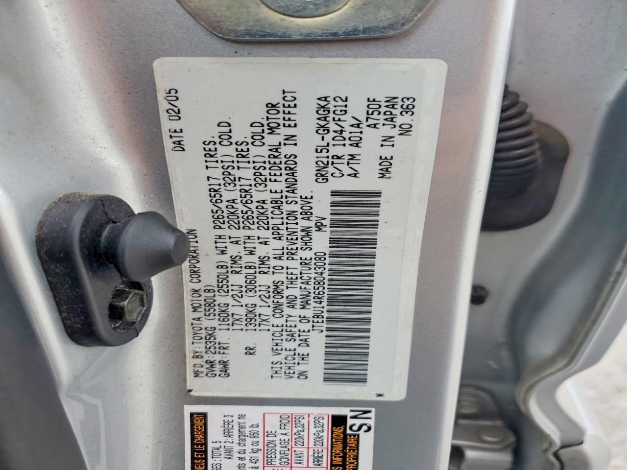 2005 Toyota 4runner Sr5 Silver vin: JTEBU14R658043080