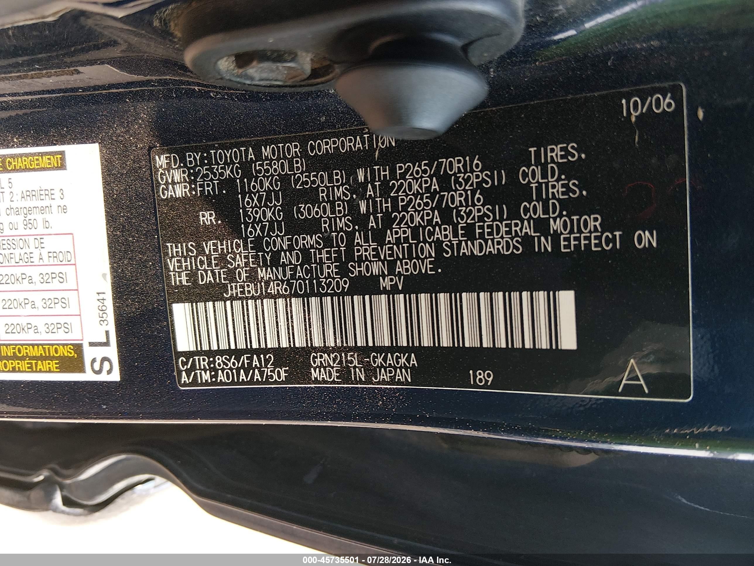 2007 Toyota 4runner Sr5 Blue vin: JTEBU14R670113209