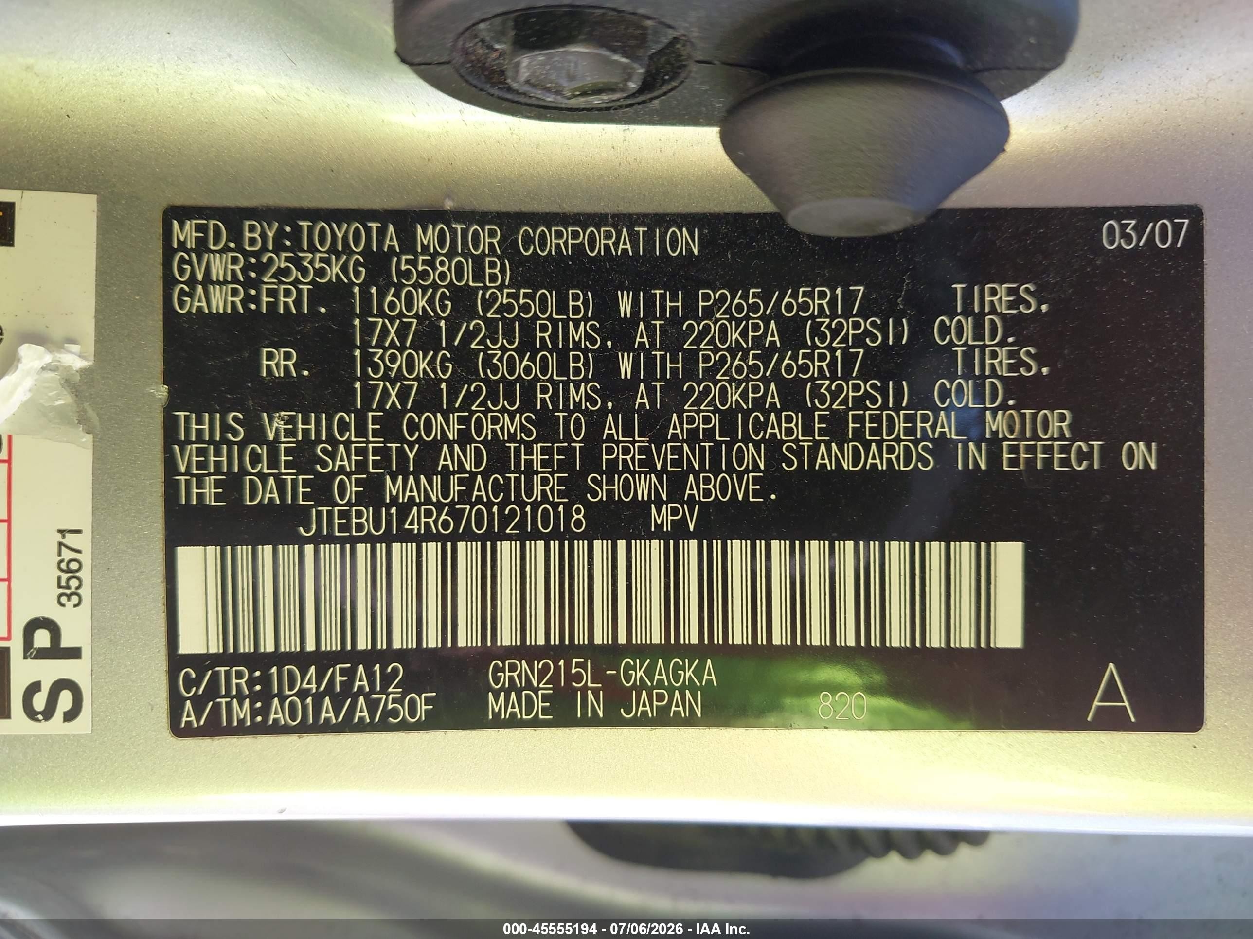 2007 Toyota 4runner Sr5 Silver vin: JTEBU14R670121018