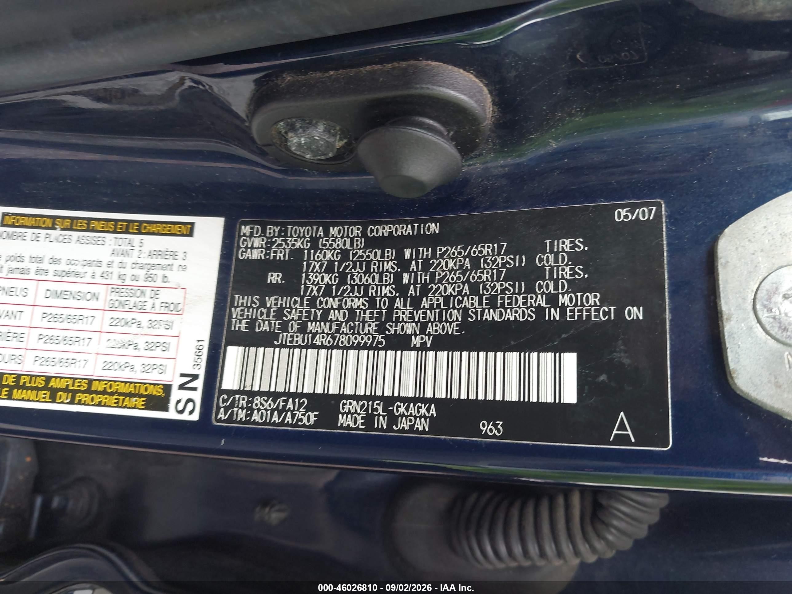 2007 Toyota 4runner Sr5 V6 Blue vin: JTEBU14R678099975