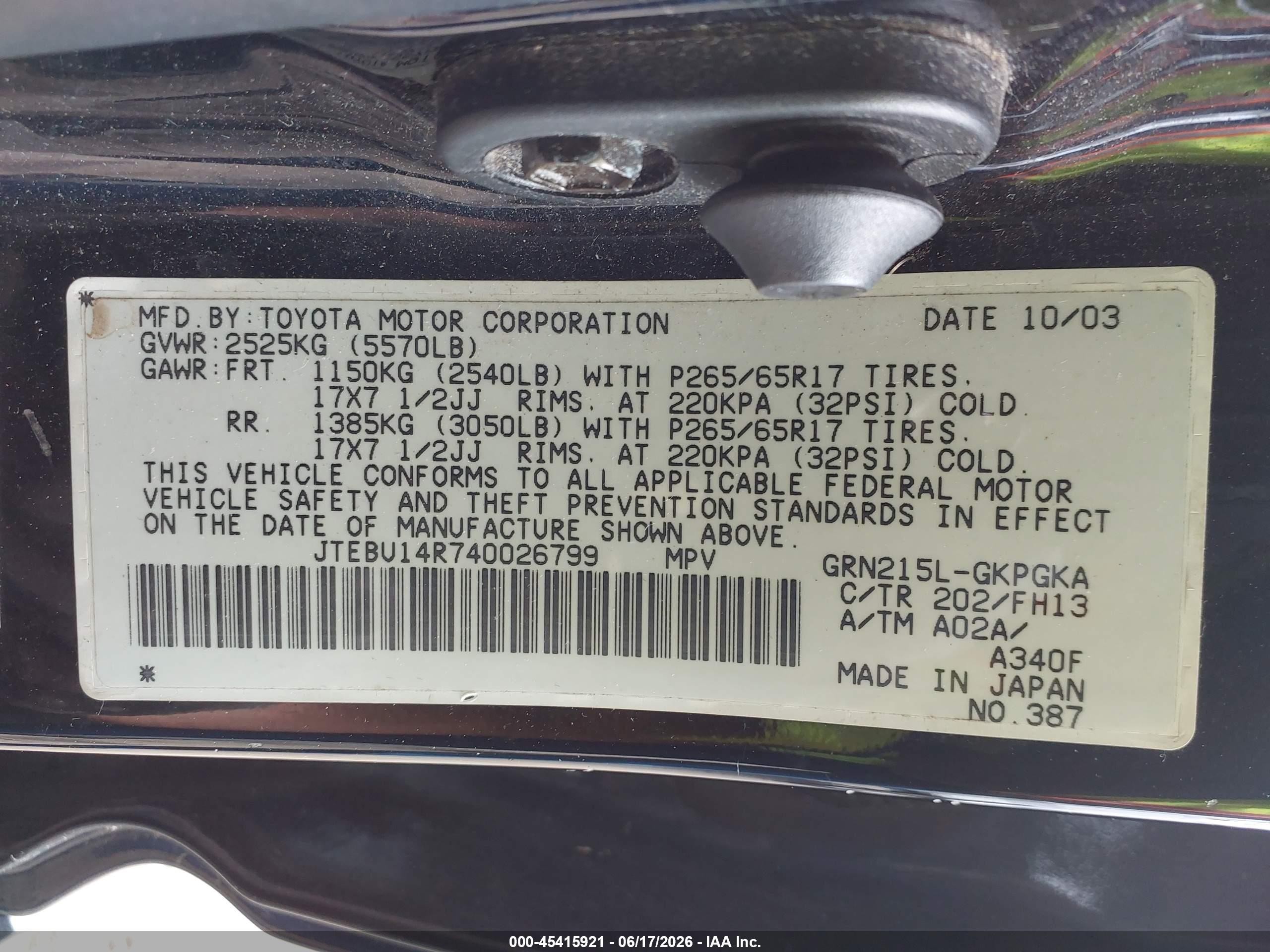 2004 Toyota 4runner Sr5 Sport V6 Black vin: JTEBU14R740026799