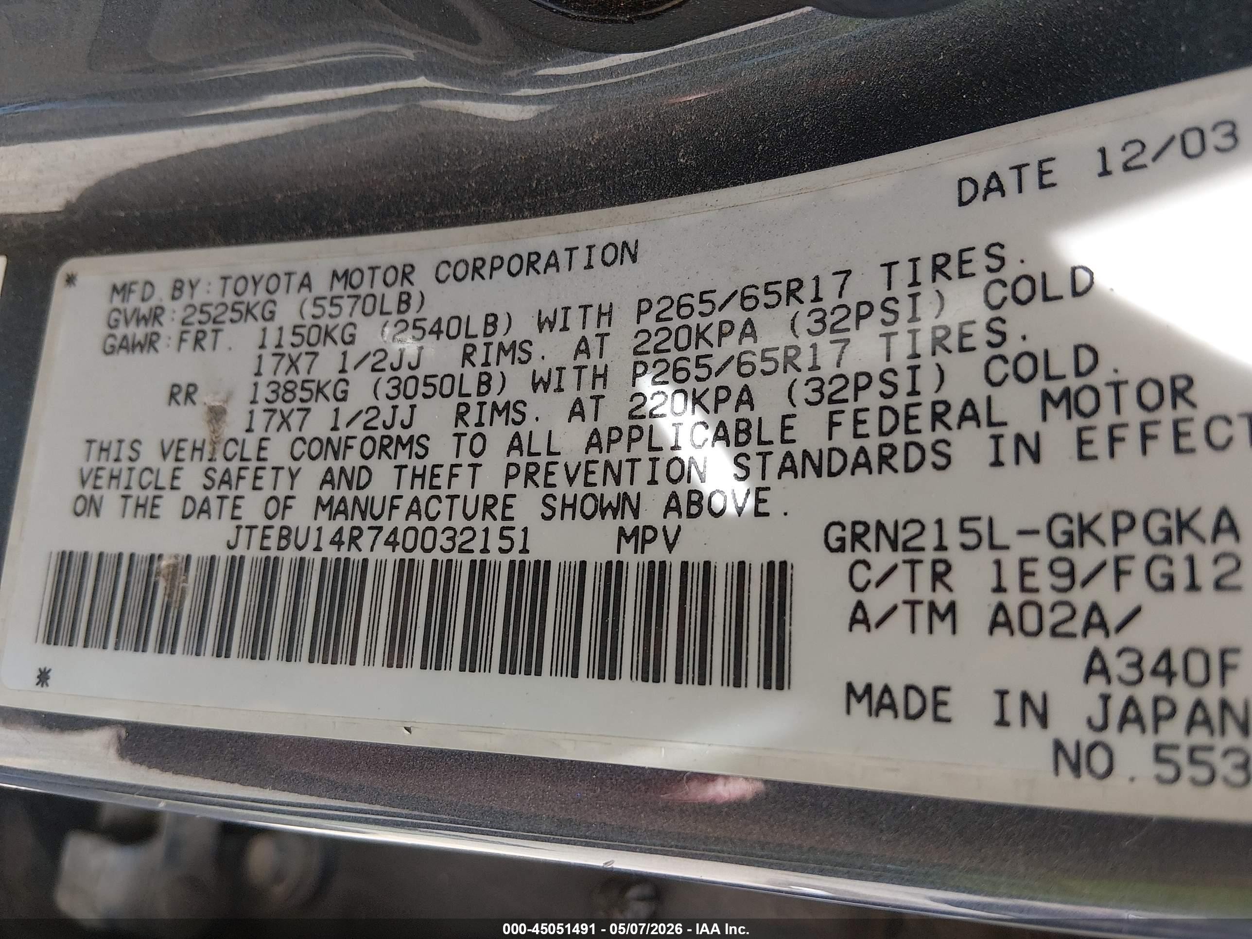 2004 Toyota 4runner Sr5 V6 Gray vin: JTEBU14R740032151