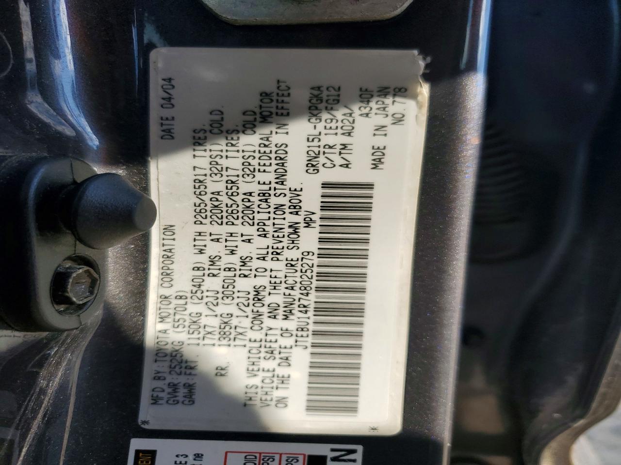 2004 Toyota 4runner Sr5 Gray vin: JTEBU14R748025279