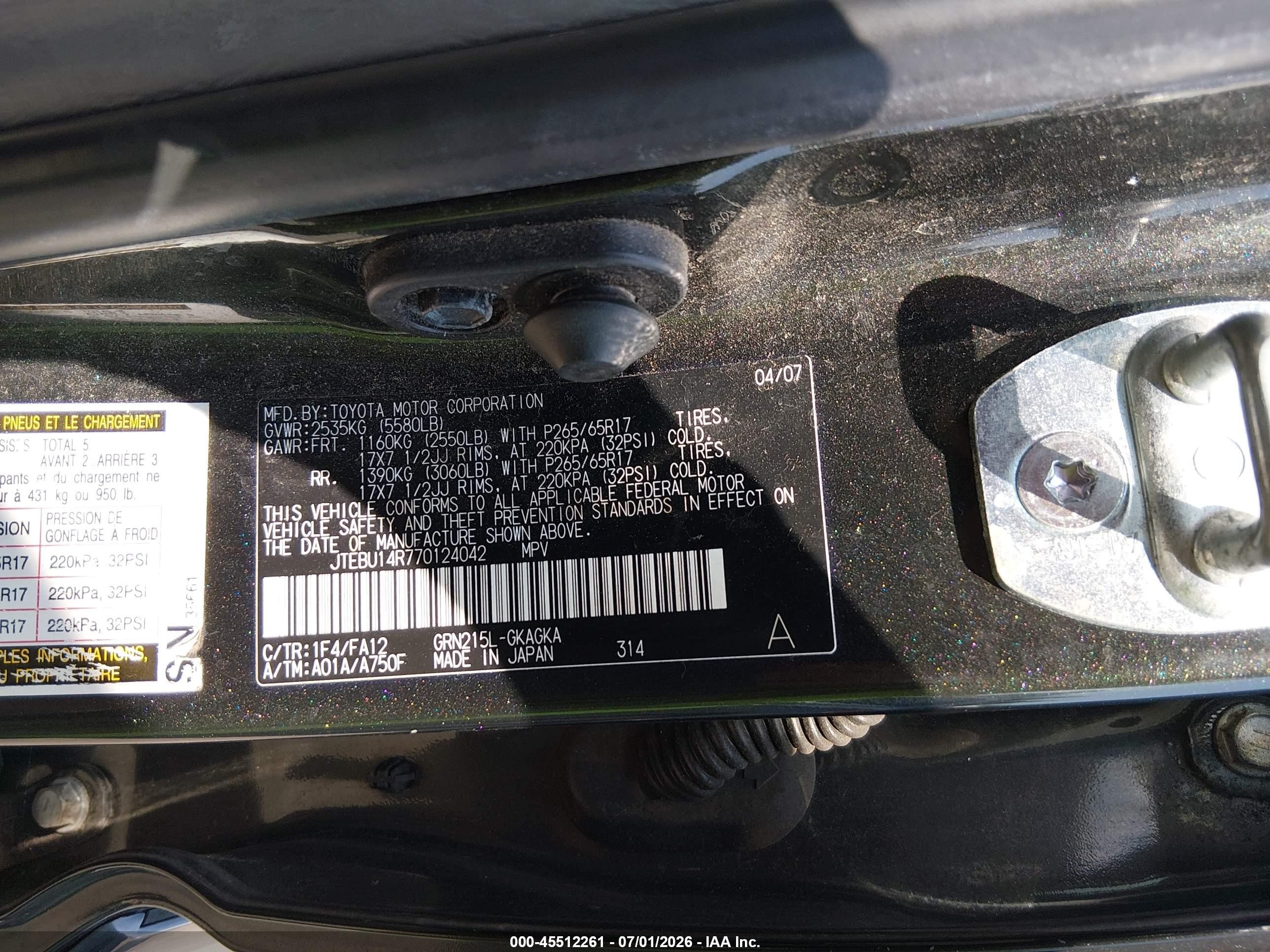 2007 Toyota 4runner Sr5 V6 Black vin: JTEBU14R770124042