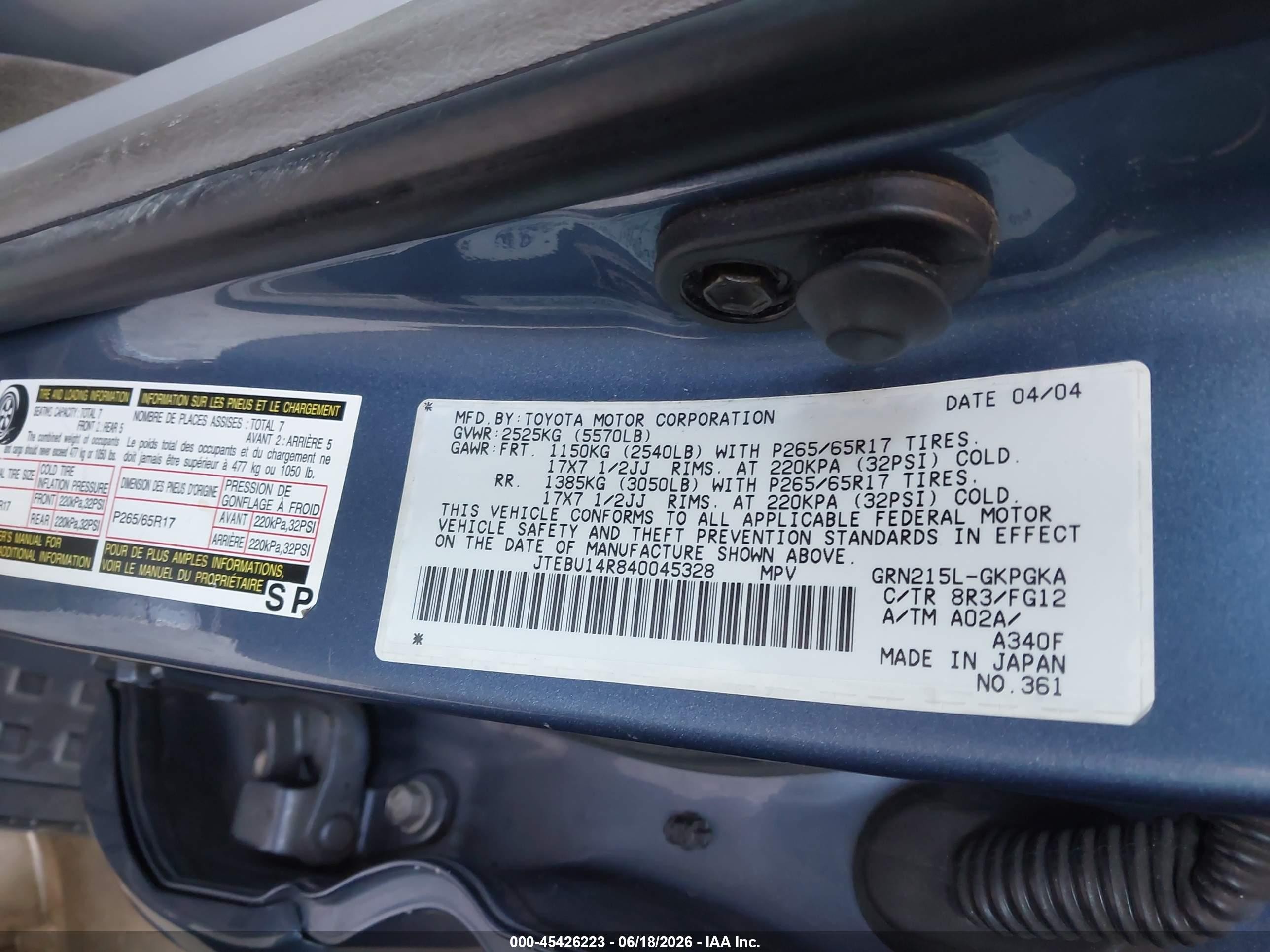 2004 Toyota 4runner Sr5 V6 Light Blue vin: JTEBU14R840045328