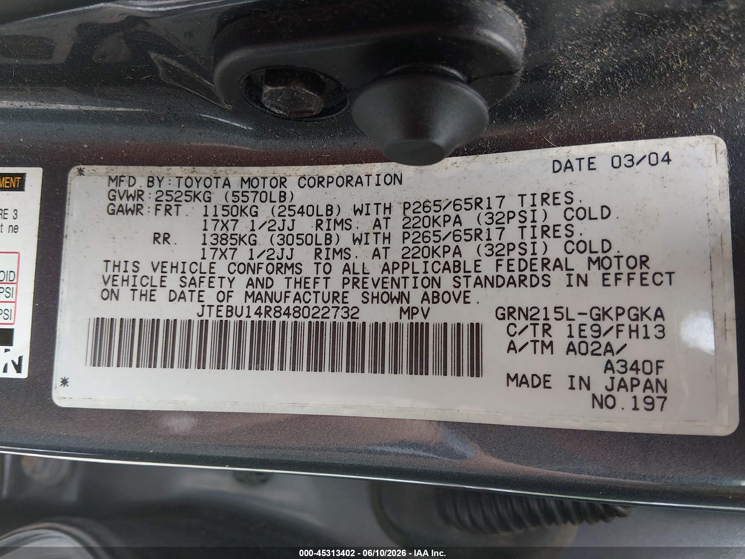 2004 Toyota 4runner Sr5 Sport V6 Gray vin: JTEBU14R848022732