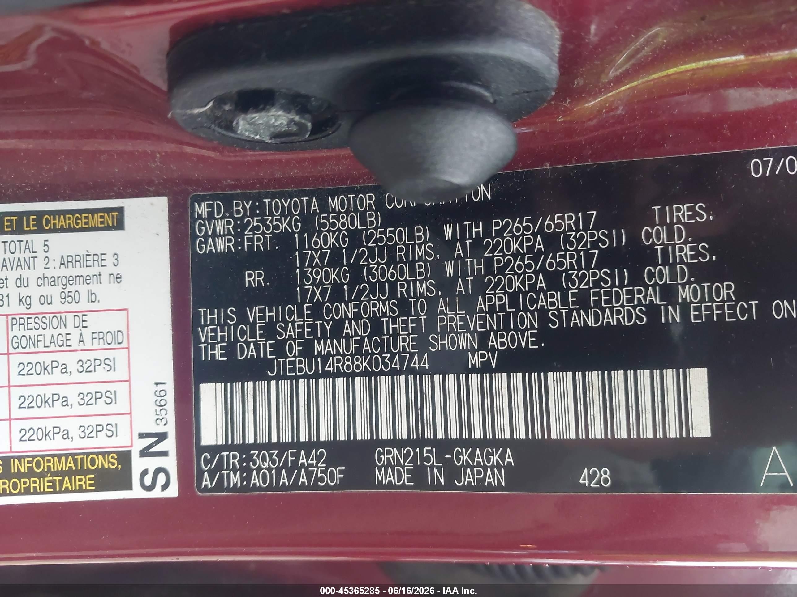 2008 Toyota 4runner Sr5 V6 Burgundy vin: JTEBU14R88K034744