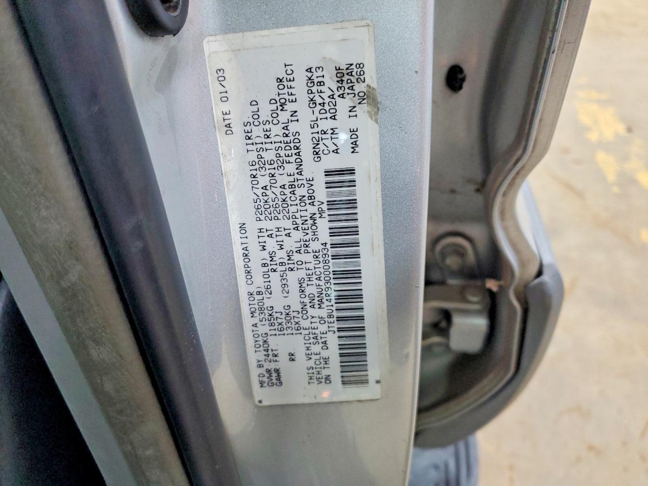 2003 Toyota 4runner Sport Edition Silver vin: JTEBU14R930008934