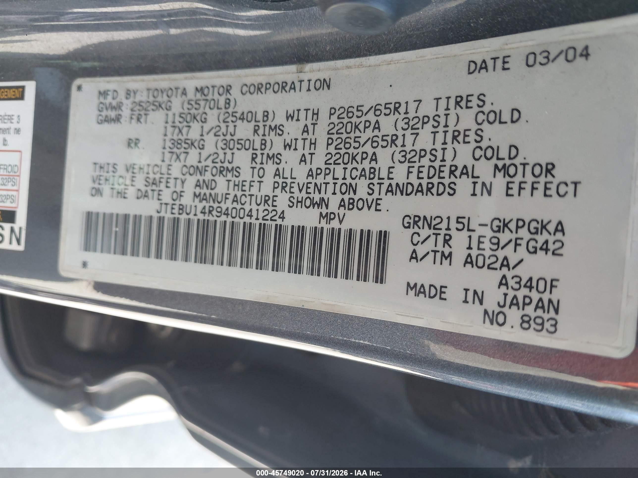 2004 Toyota 4runner Sr5 V6 Gray vin: JTEBU14R940041224
