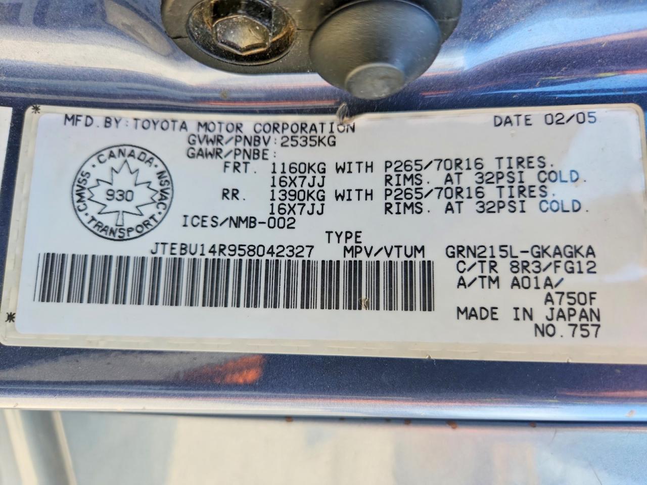 2005 Toyota 4runner Sr5 Blue vin: JTEBU14R958042327