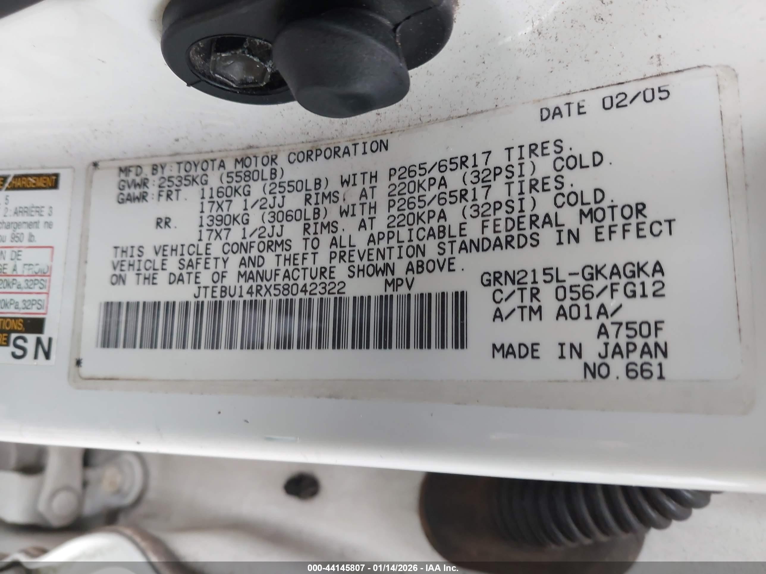 2005 Toyota 4runner Sr5 V6 White vin: JTEBU14RX58042322