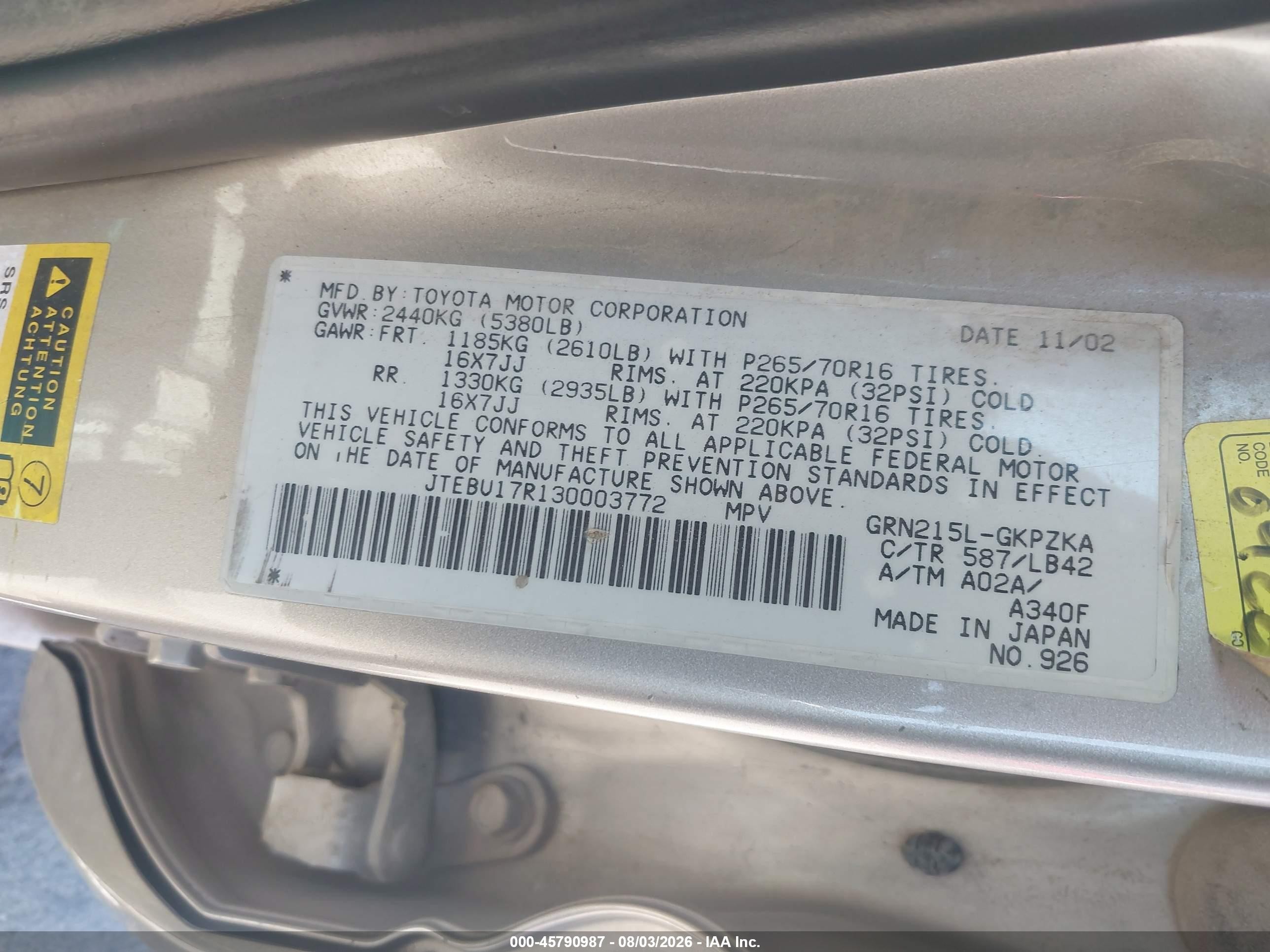 2003 Toyota 4runner Limited V6 Silver vin: JTEBU17R130003772