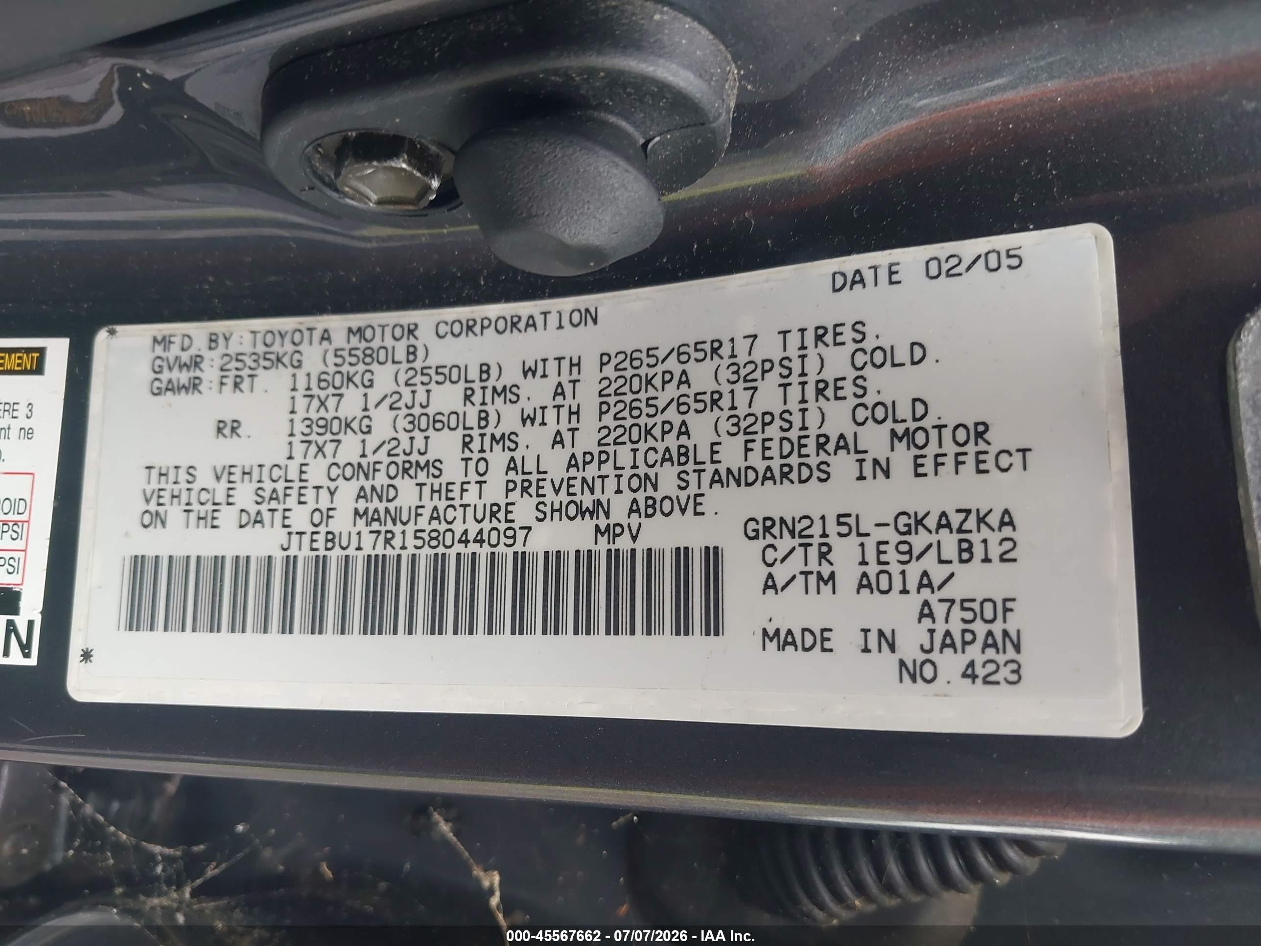 2005 Toyota 4runner Limited V6 Gray vin: JTEBU17R158044097