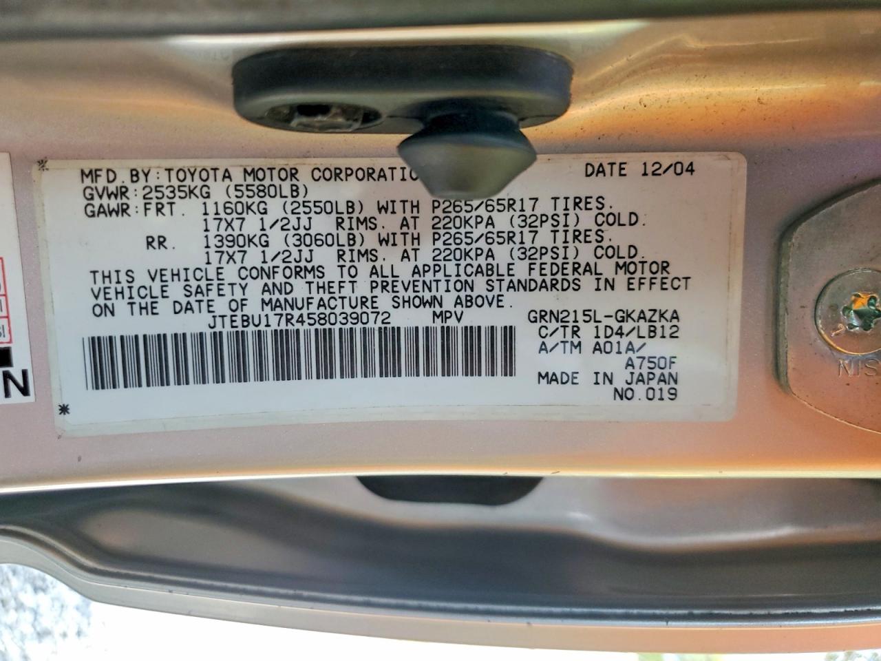 2005 Toyota 4runner Limited Silver vin: JTEBU17R458039072