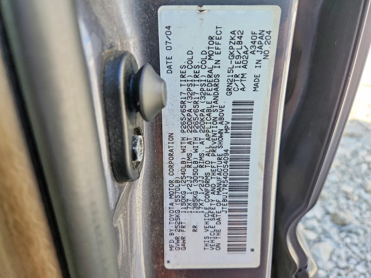 2004 Toyota 4runner Limited Gray vin: JTEBU17R540054094