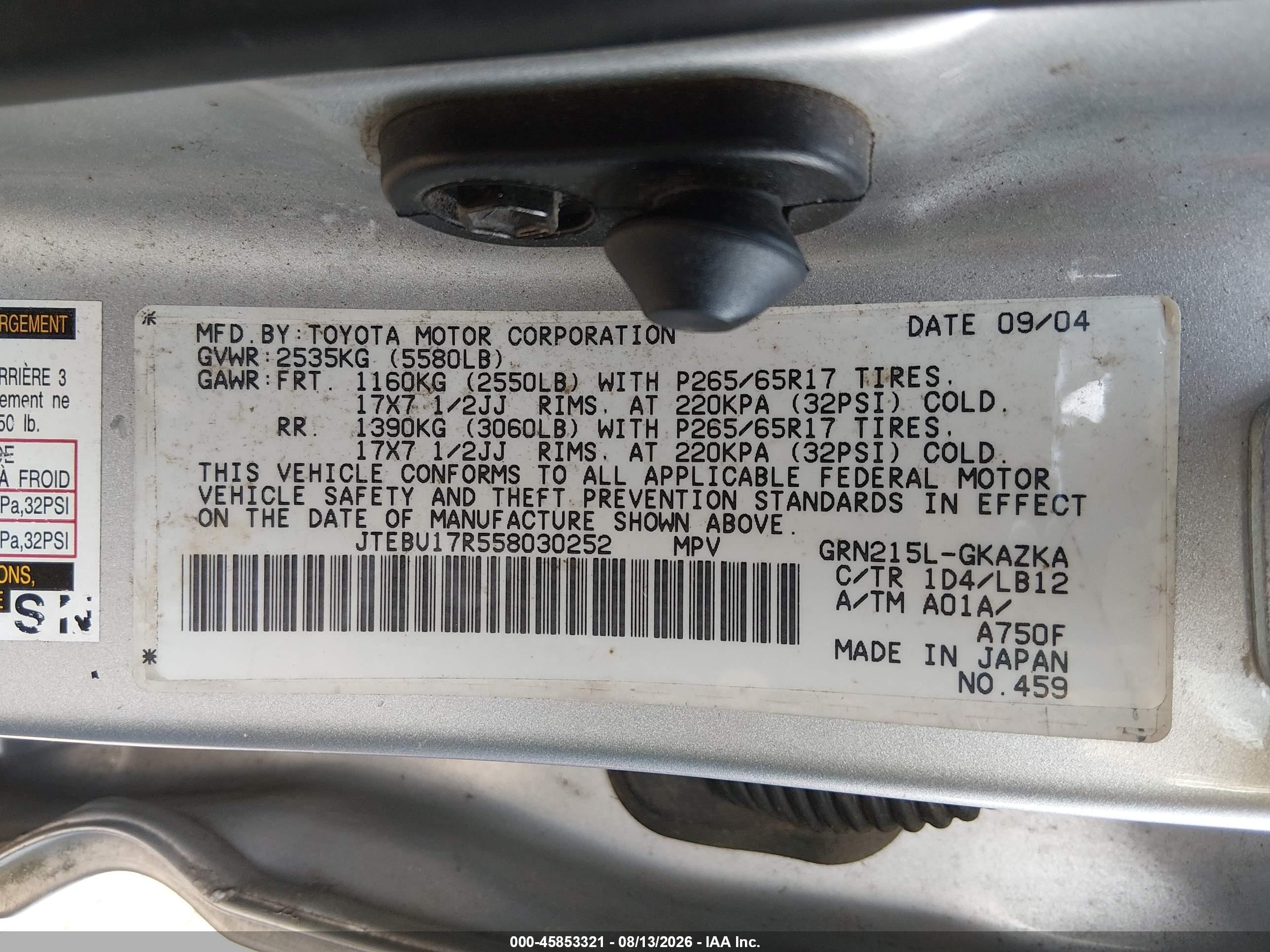 2005 Toyota 4runner Limited V6 Silver vin: JTEBU17R558030252