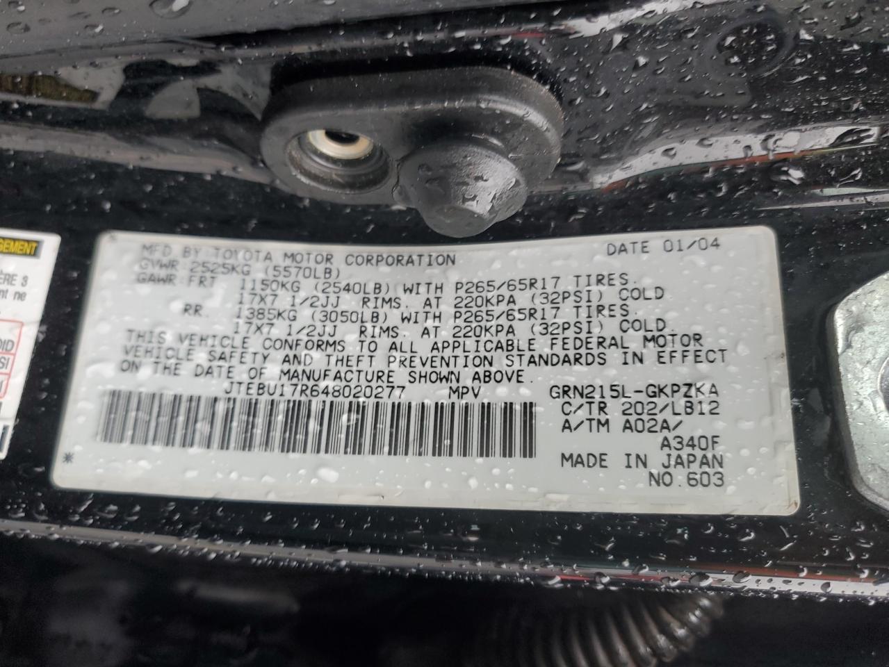 2004 Toyota 4runner Limited Black vin: JTEBU17R648020277