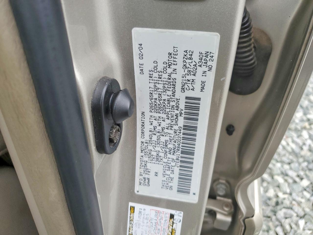 2004 Toyota 4runner Limited Gold vin: JTEBU17R840037449