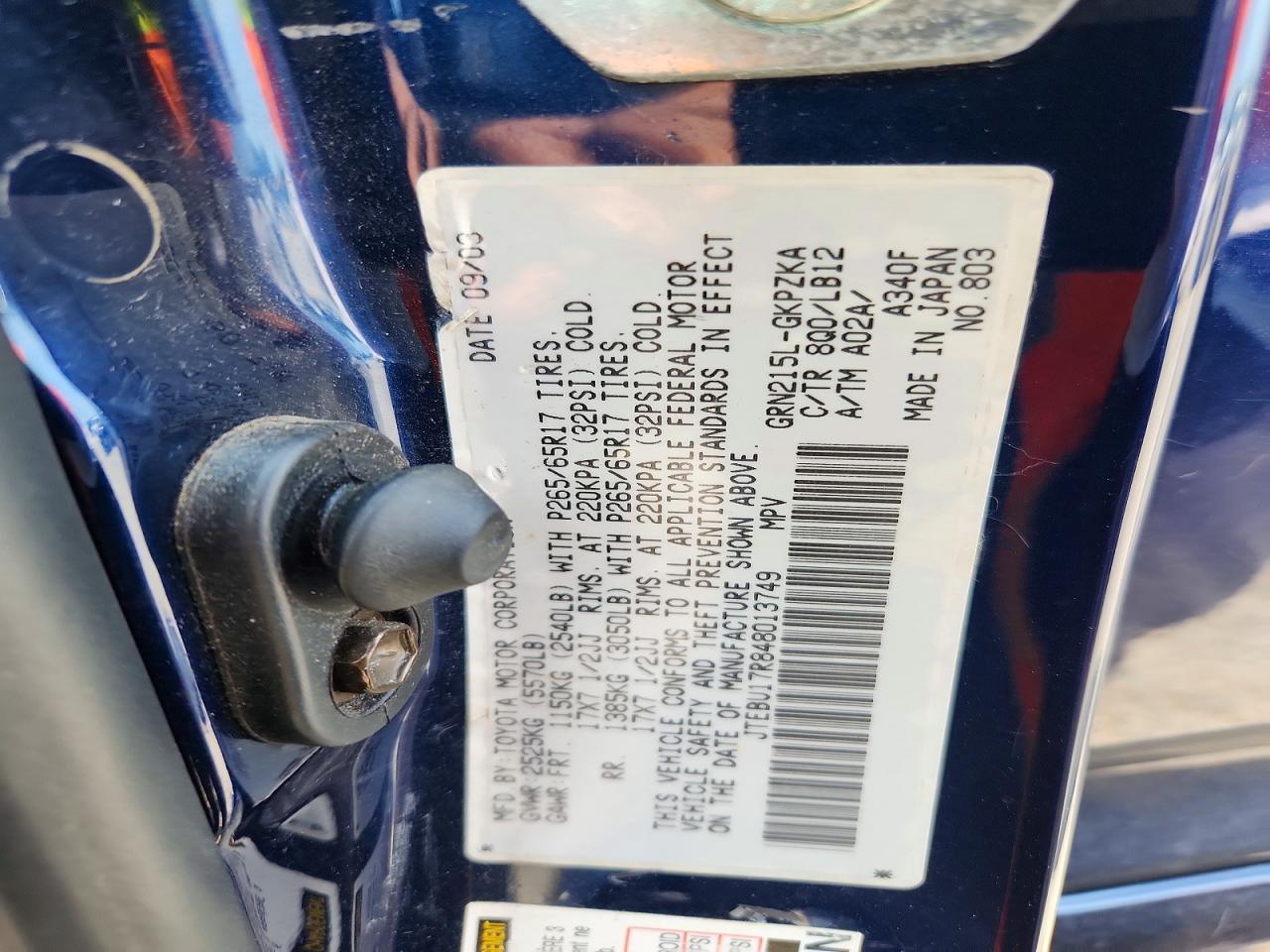 2004 Toyota 4runner Limited Blue vin: JTEBU17R848013749