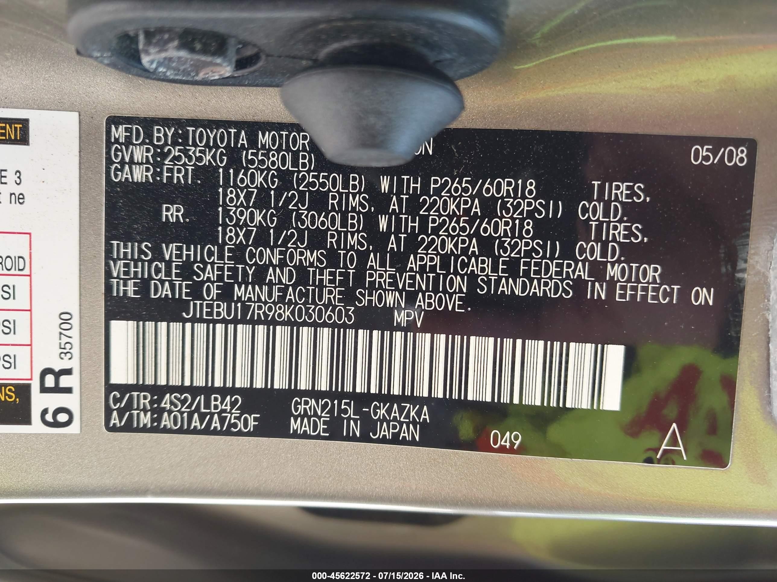 2008 Toyota 4runner Limited V6 Champagne vin: JTEBU17R98K030603