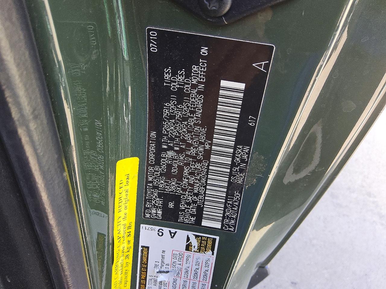 2010 Toyota Fj Cruiser Base Green vin: JTEBU4BF0AK094940