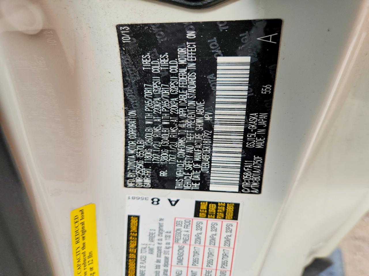 2014 Toyota Fj Cruiser Base White vin: JTEBU4BF0EK181792