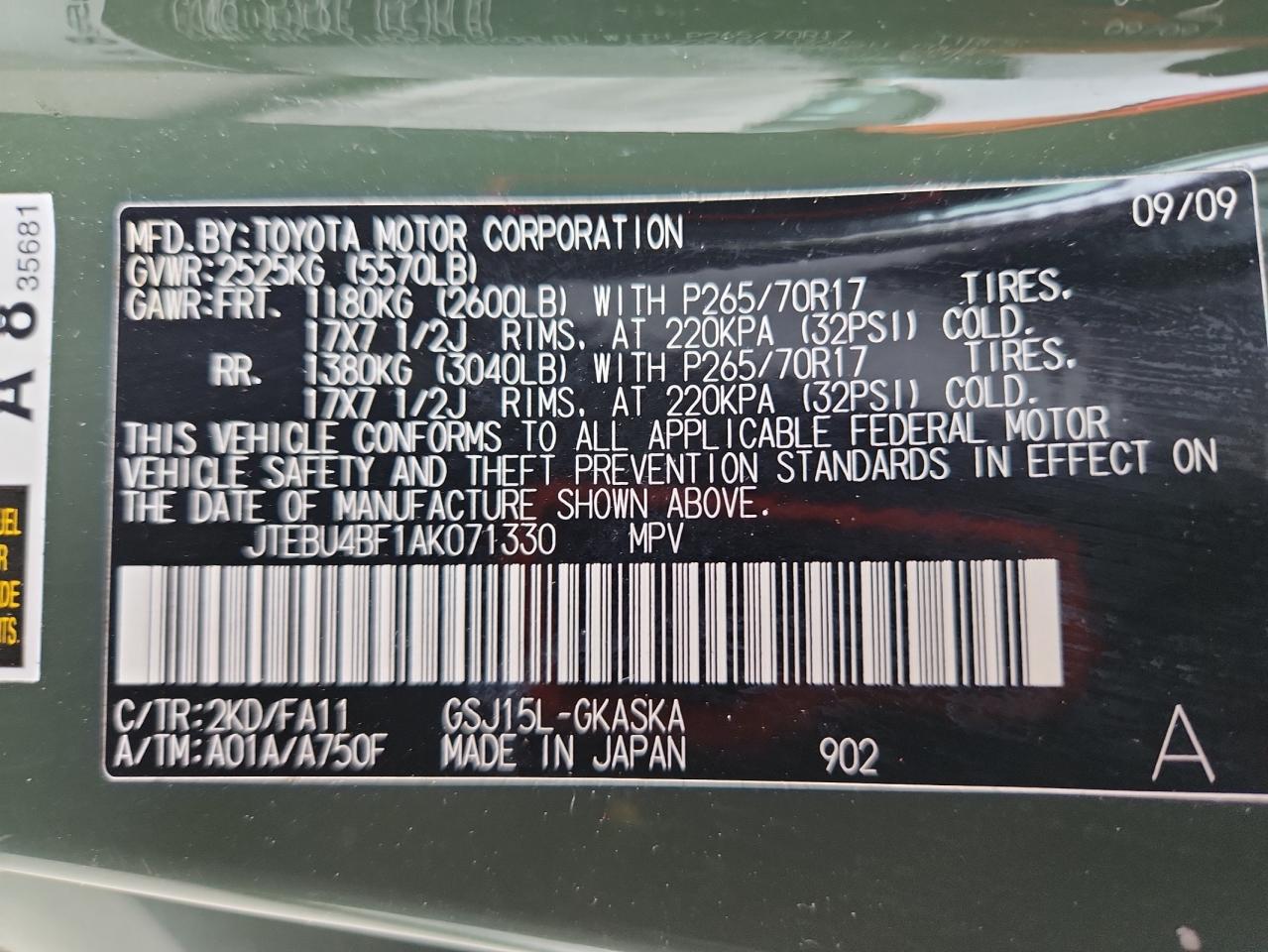 2010 Toyota Fj Cruiser Green vin: JTEBU4BF1AK071330