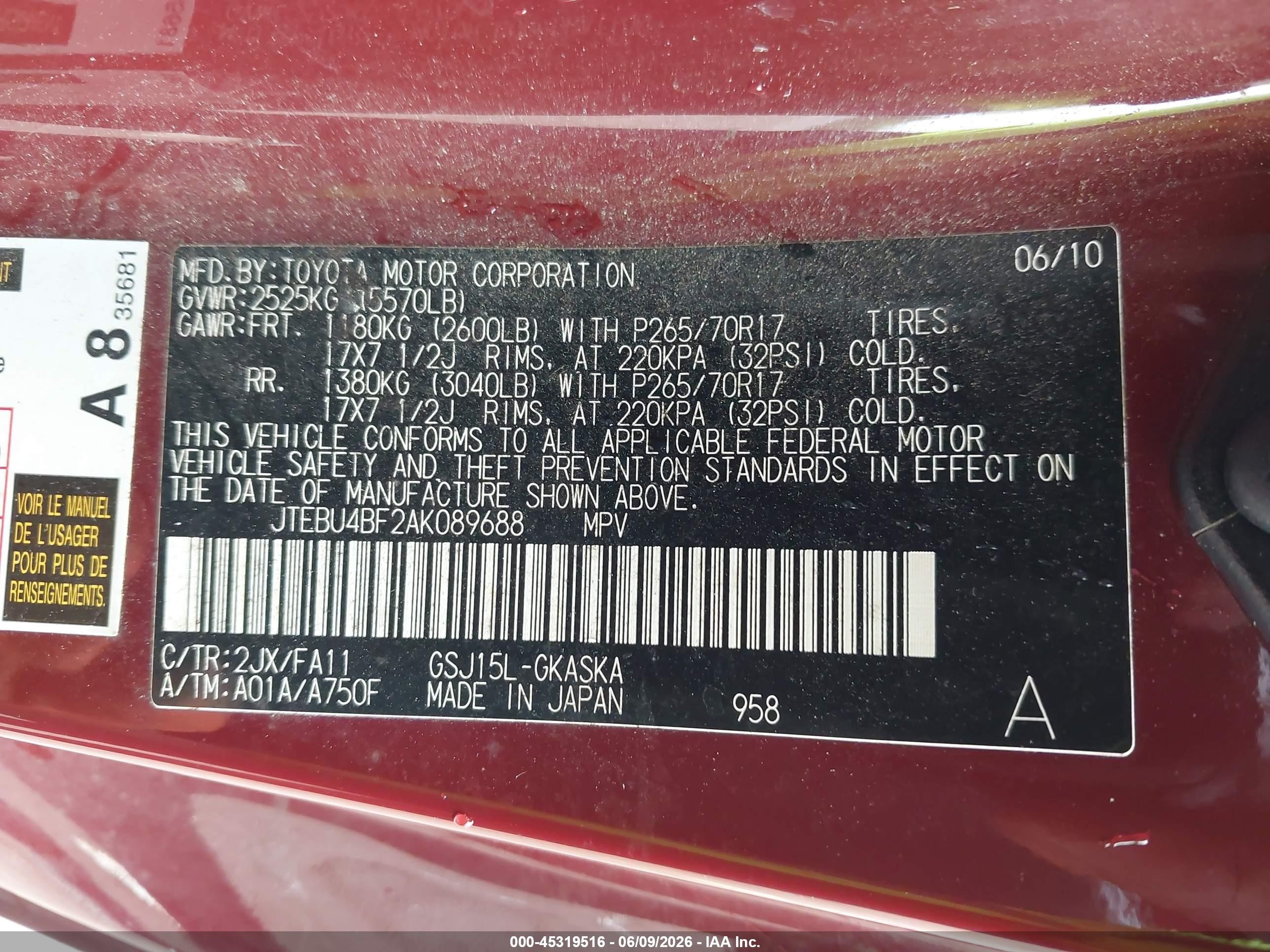 2010 Toyota Fj Cruiser Red vin: JTEBU4BF2AK089688