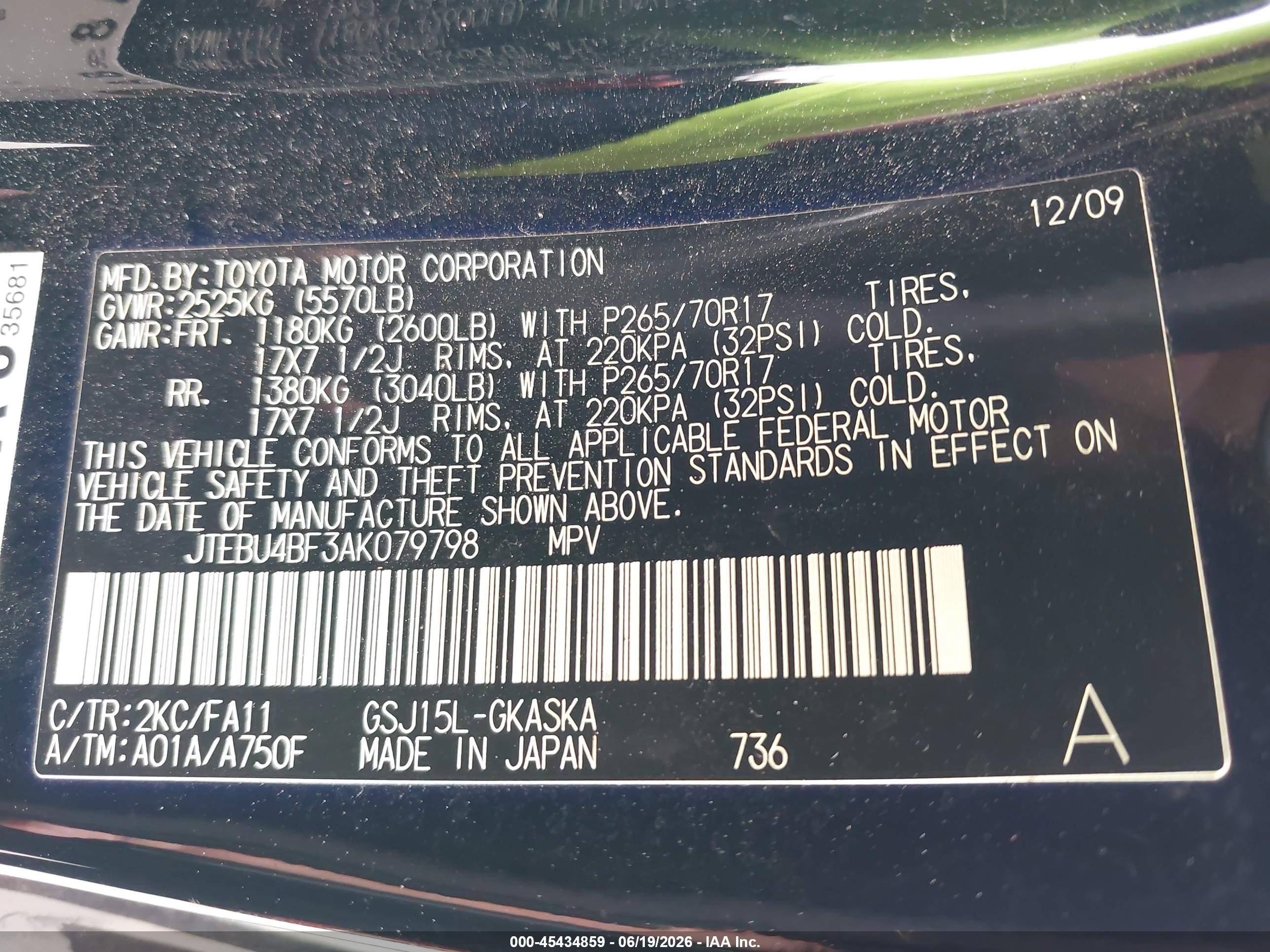 2010 Toyota Fj Cruiser   Black vin: JTEBU4BF3AK079798