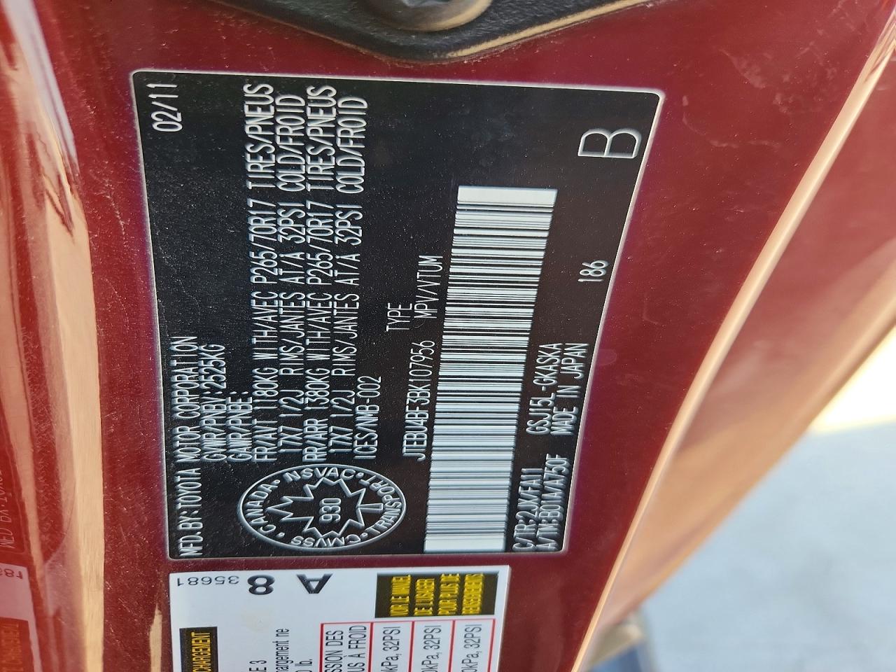 2011 Toyota Fj Cruiser Base Maroon vin: JTEBU4BF3BK107956