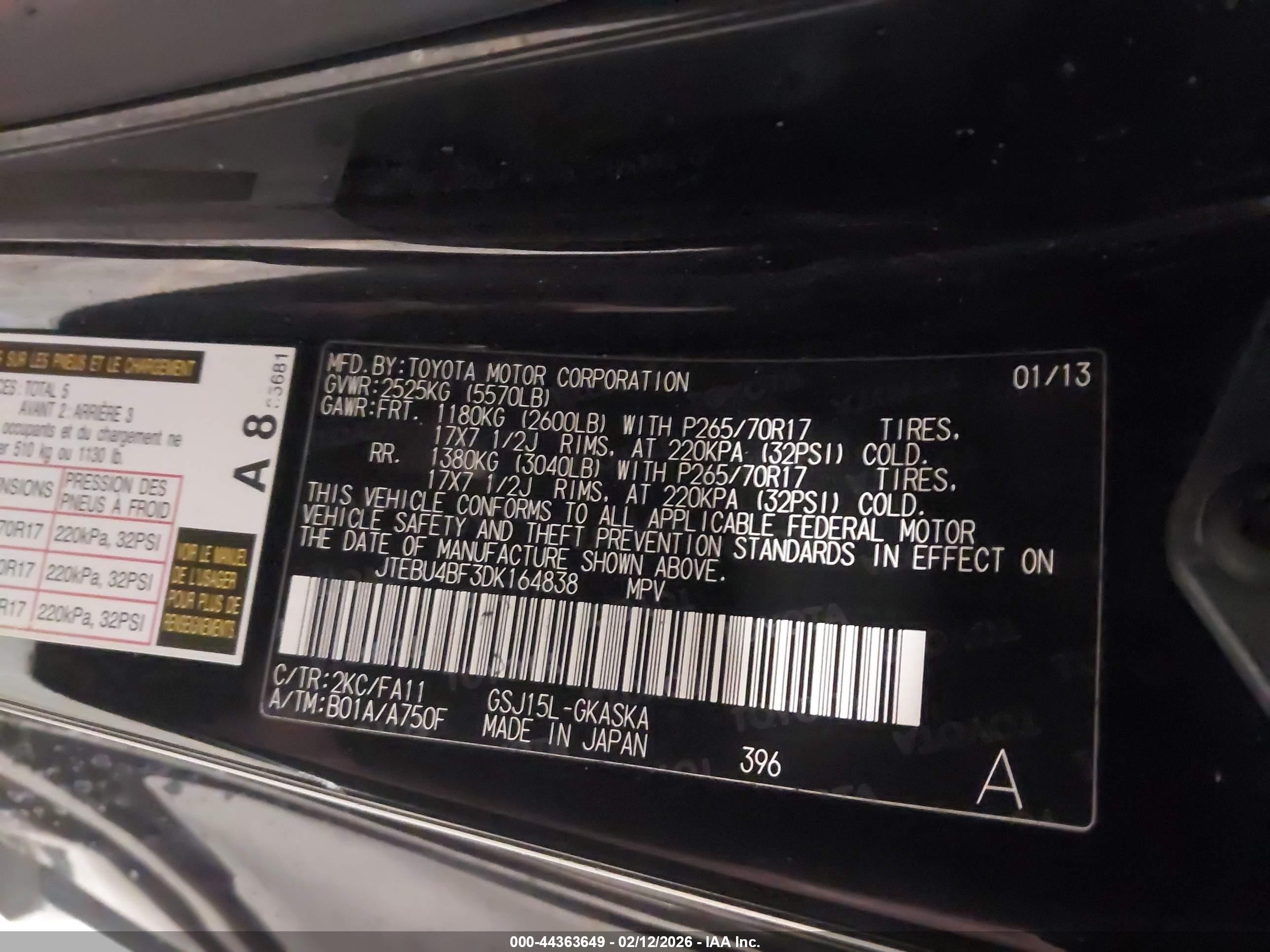 2013 Toyota Fj Cruiser   Black vin: JTEBU4BF3DK164838