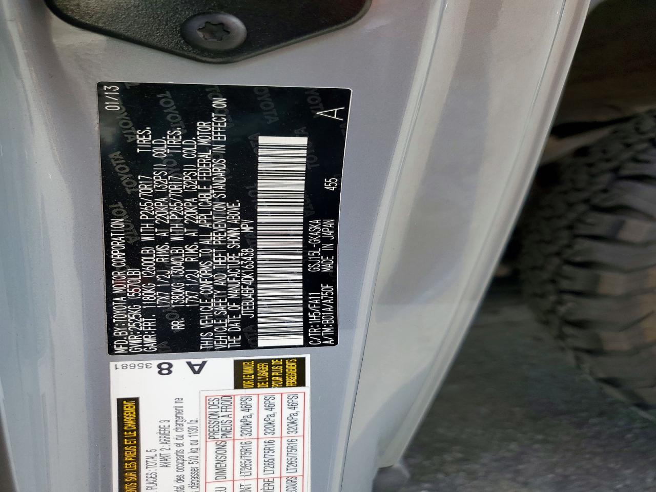 2013 Toyota Fj Cruiser Base Gray vin: JTEBU4BF4DK163438