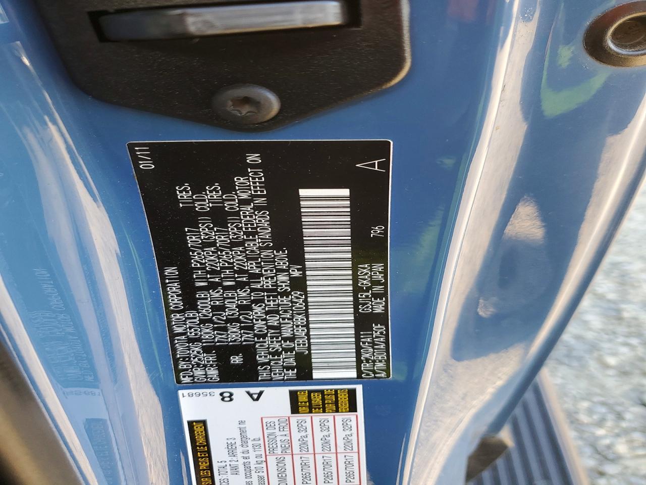 2011 Toyota Fj Cruiser Base Blue vin: JTEBU4BF8BK106429