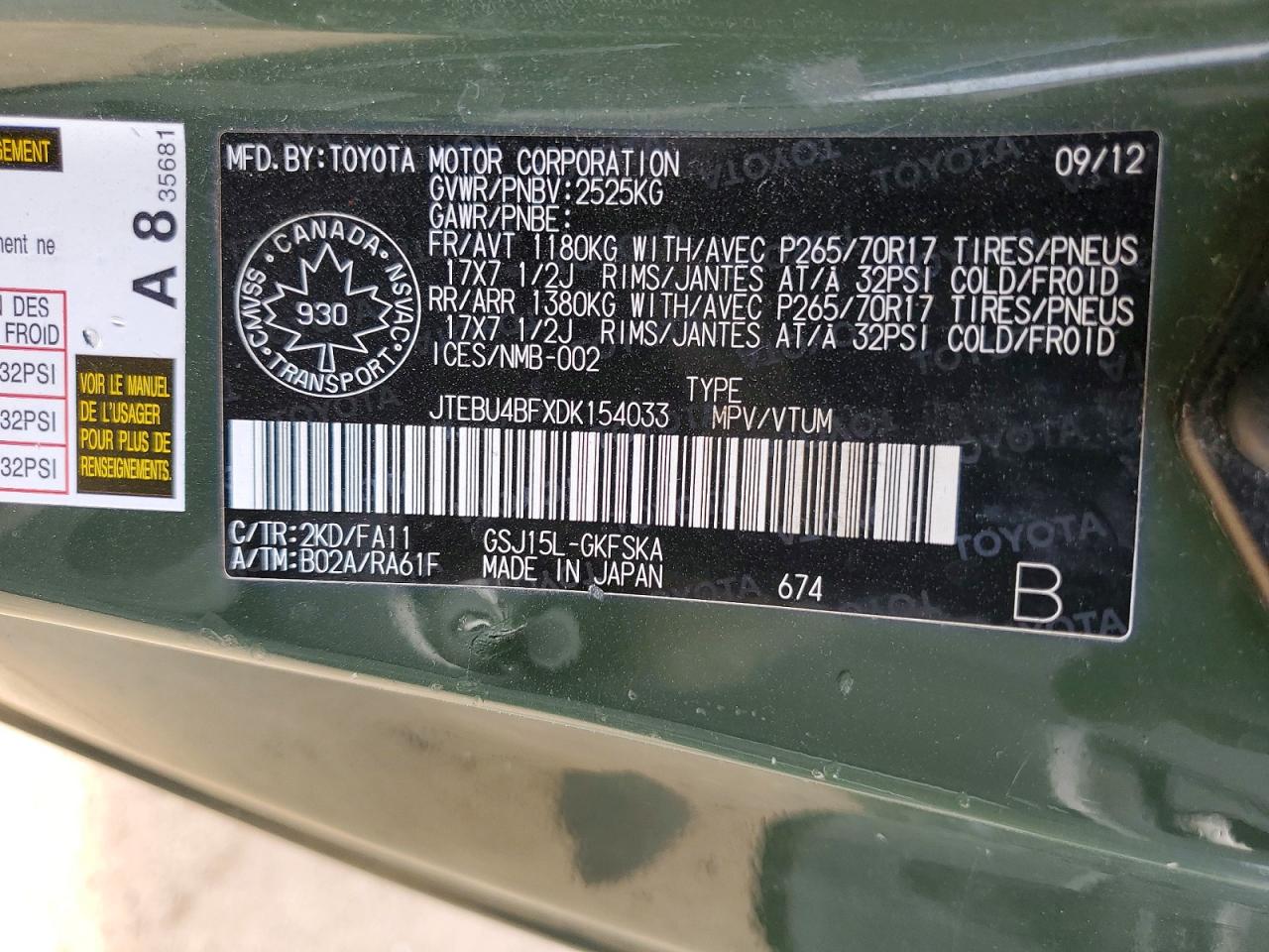 2013 Toyota Fj Cruiser Base Green vin: JTEBU4BFXDK154033