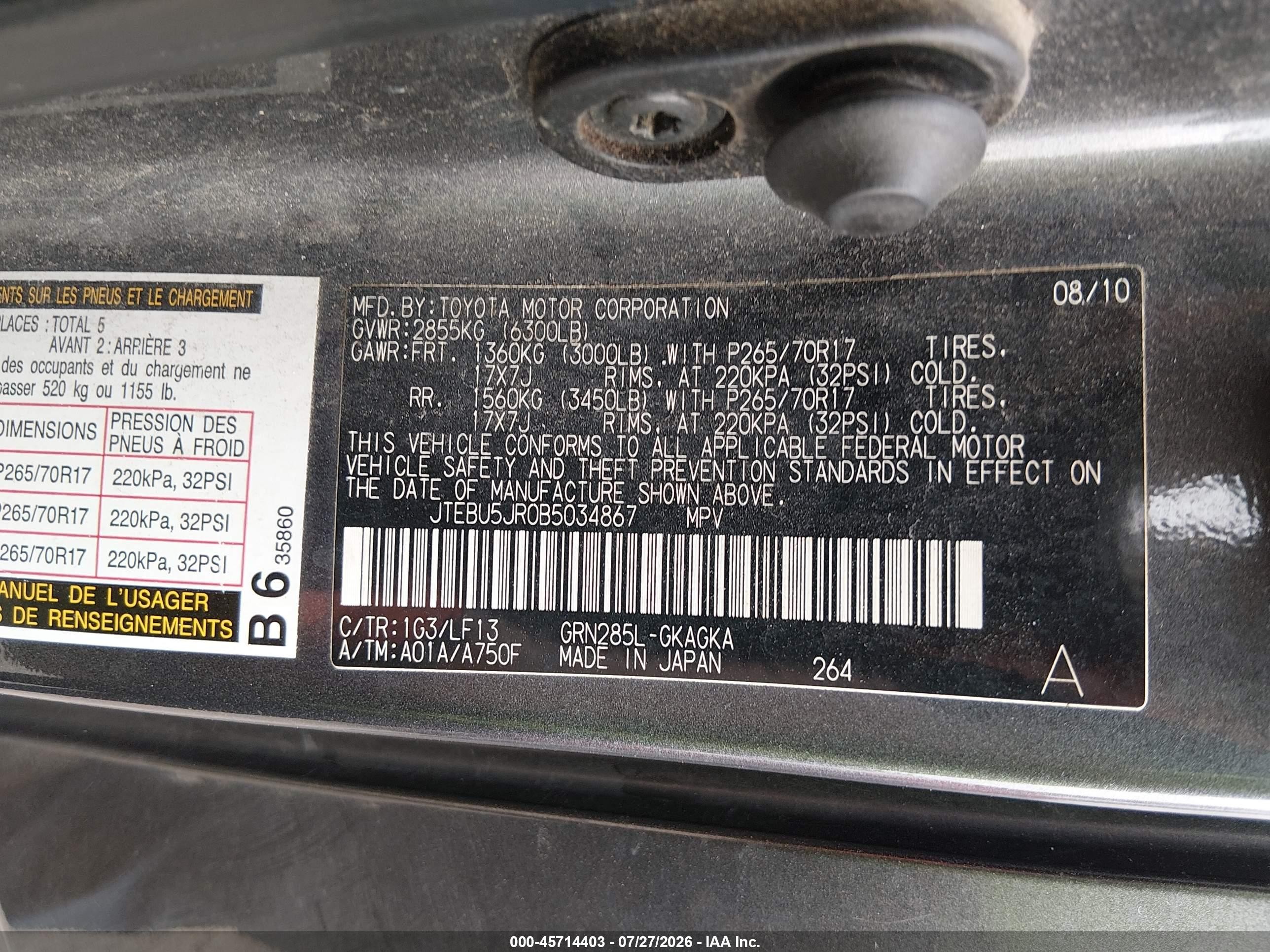 2011 Toyota 4runner Sr5 V6 Gray vin: JTEBU5JR0B5034867