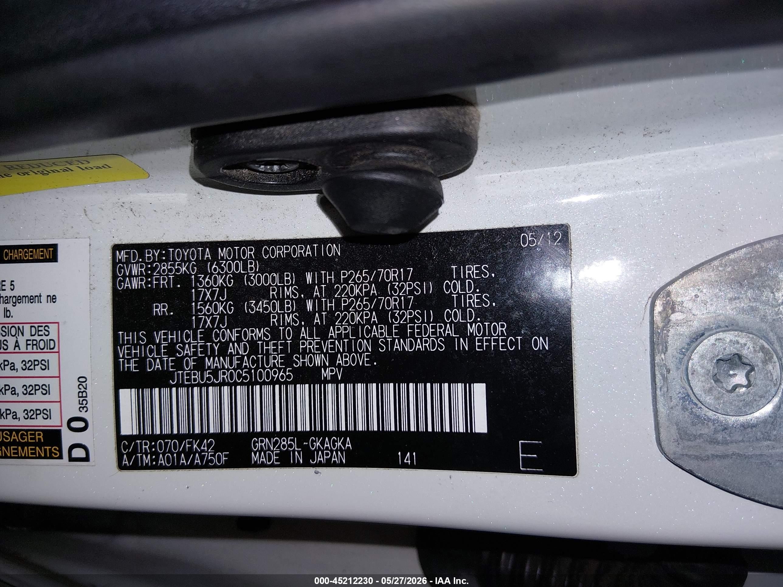 2012 Toyota 4runner Sr5 White vin: JTEBU5JR0C5100965
