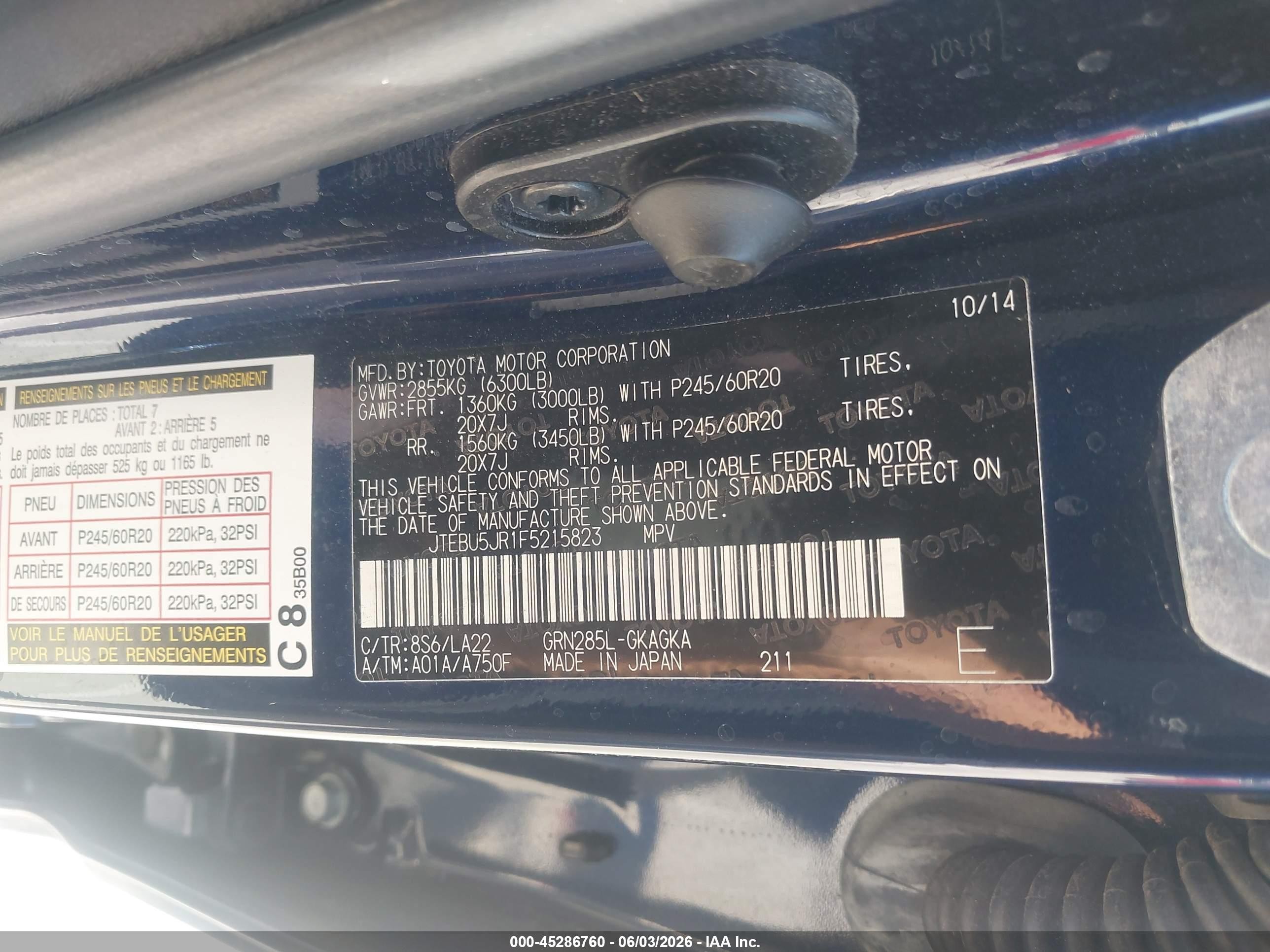 2015 Toyota 4runner Limited Blue vin: JTEBU5JR1F5215823