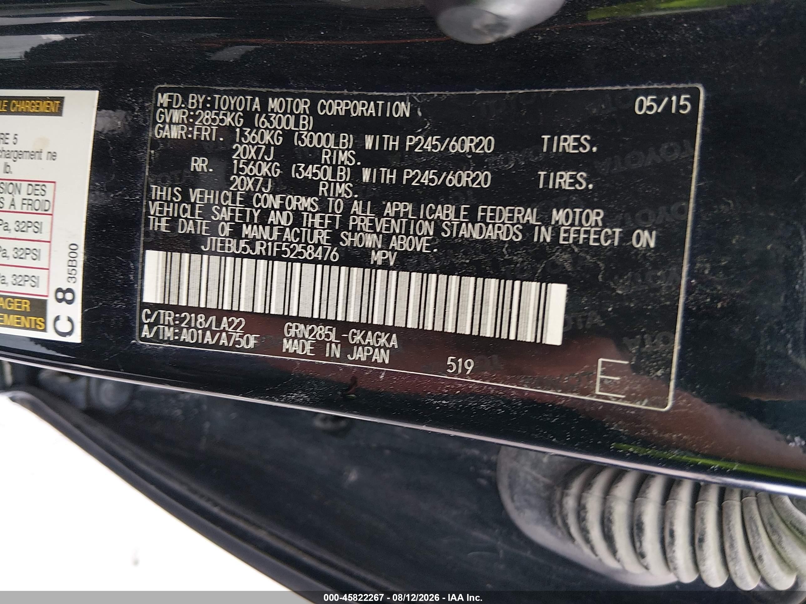 2015 Toyota 4runner Limited Black vin: JTEBU5JR1F5258476
