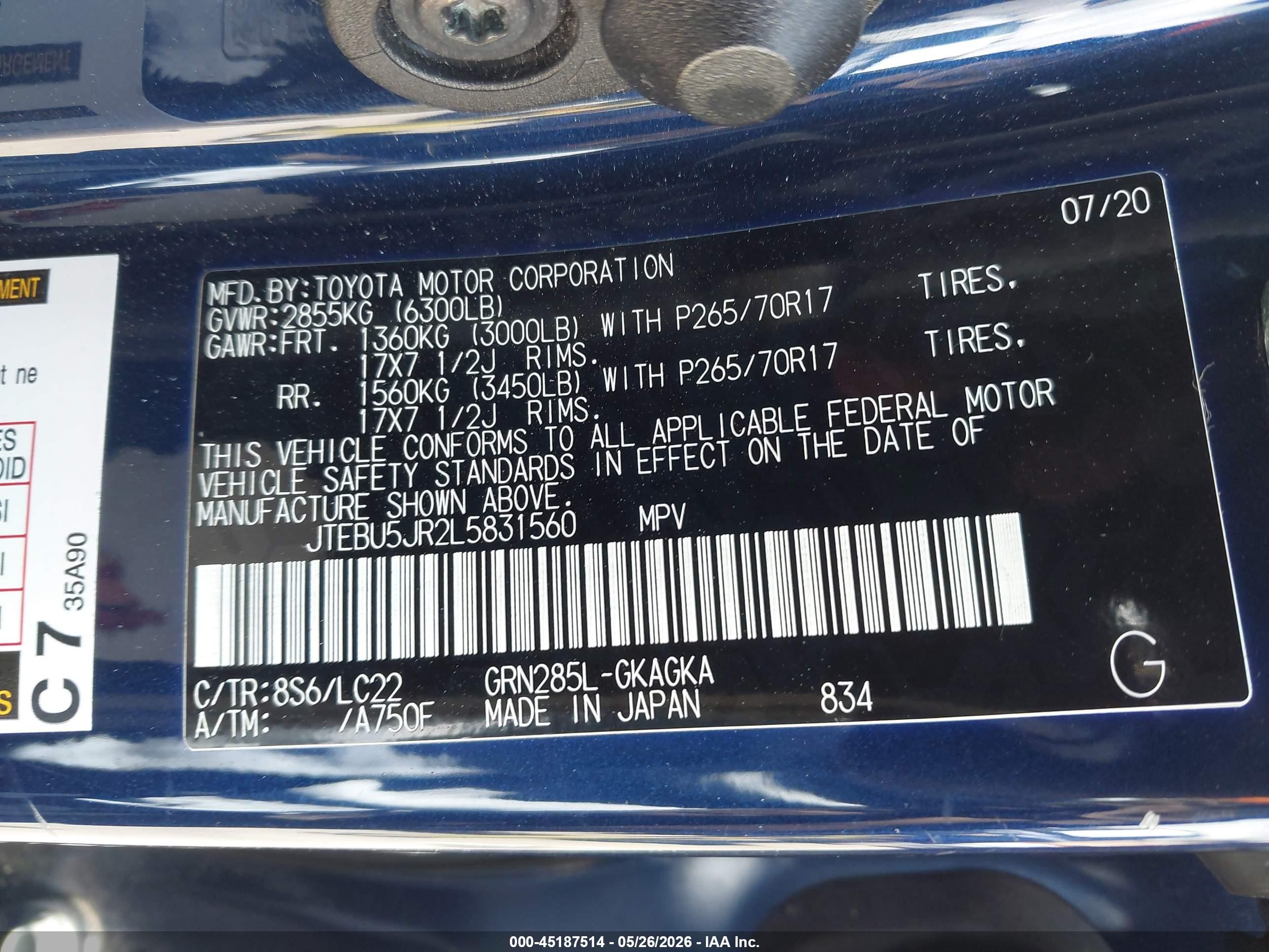 2020 Toyota 4runner Trd Off Road Premium Blue vin: JTEBU5JR2L5831560